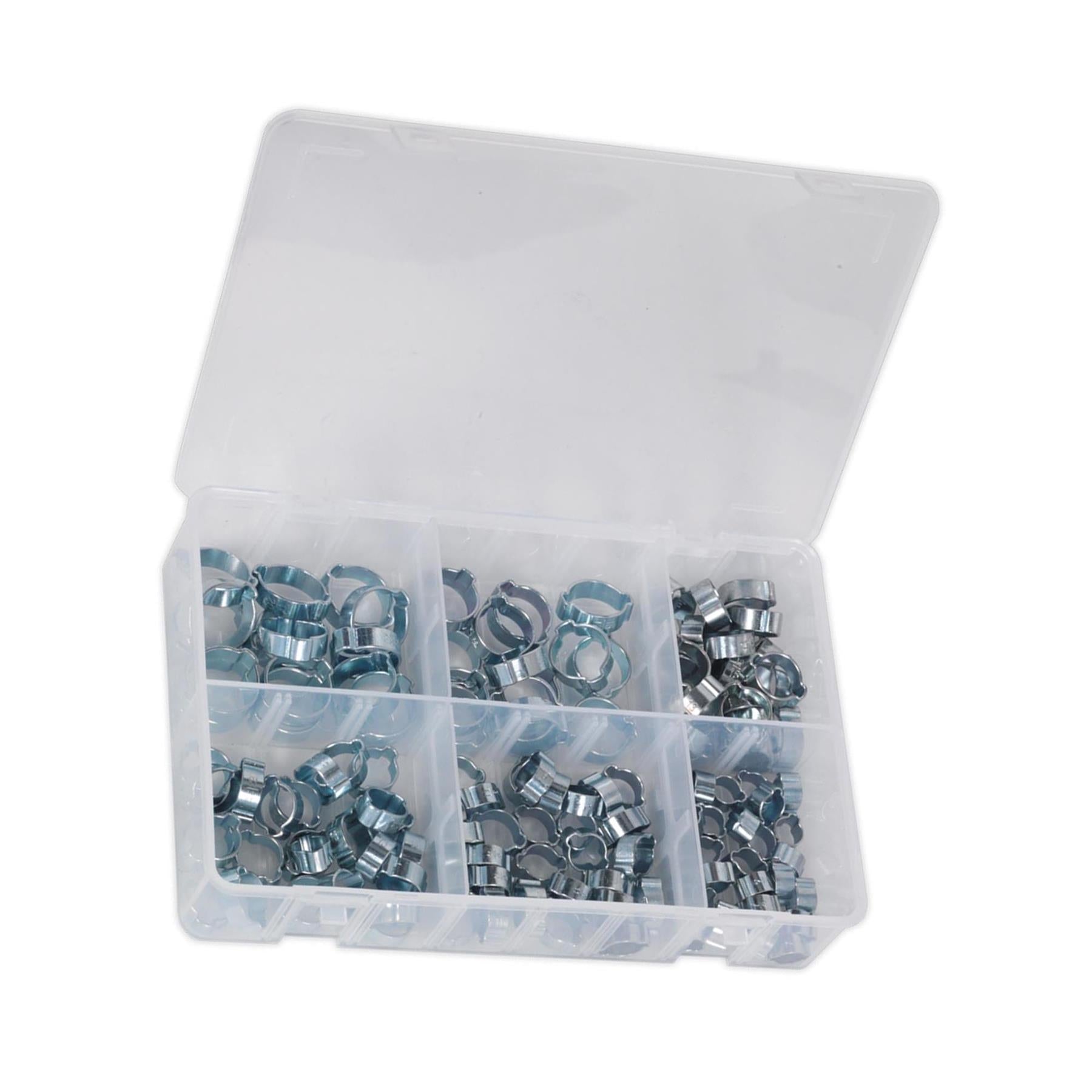 Sealey 140pcs Double Ear Ear Hose Clamps Assorted Zinc Plated O Pipe Clip Set