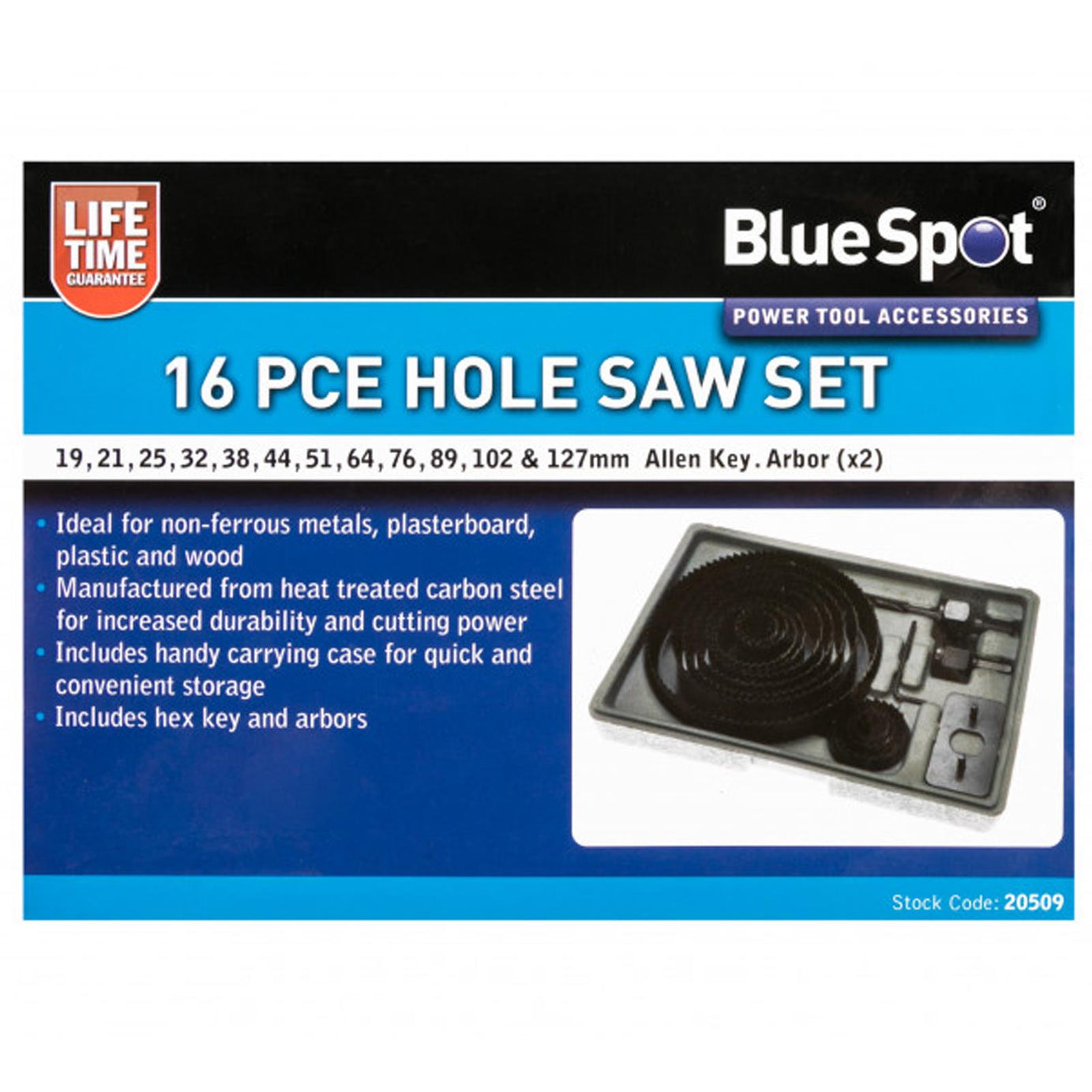 BlueSpot 16Pce Hole Saw Set (19 - 127mm) Wood Plastic Hole Cutting Saws Genuine