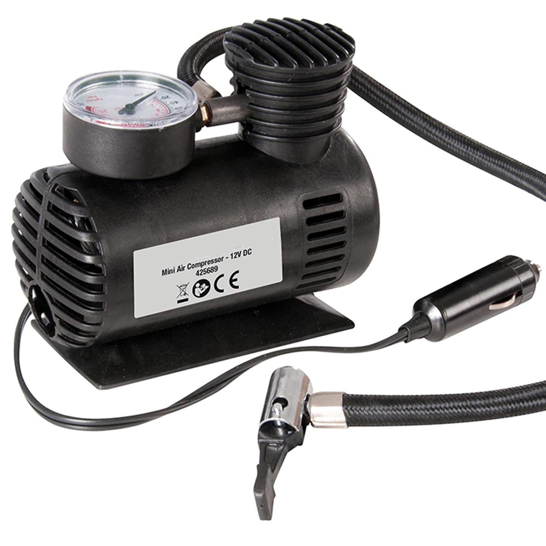 12V Dc Mini Air Compressor With Pressure Gauge 50mm Dial - 460mm Braided Hose