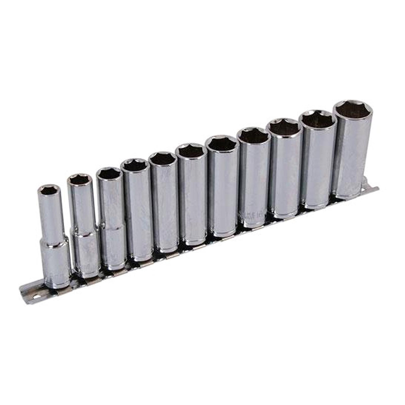 Heavy Duty Deep Socket Set with Long Reach Sockets on Rail - 3/8" Drive - Sizes 8-19mm