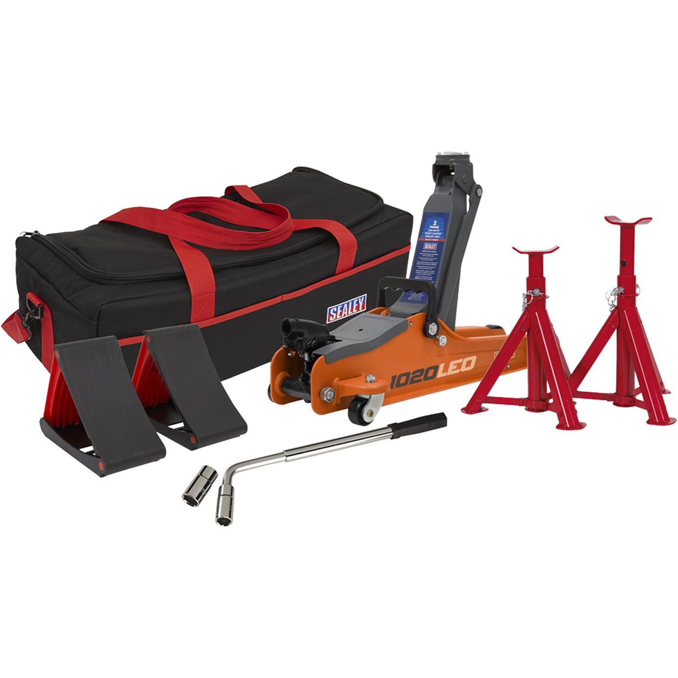 Sealey Trolley Jack 2 Tonne Low Entry Short Chassis & Accessories Bag Combo - Orange