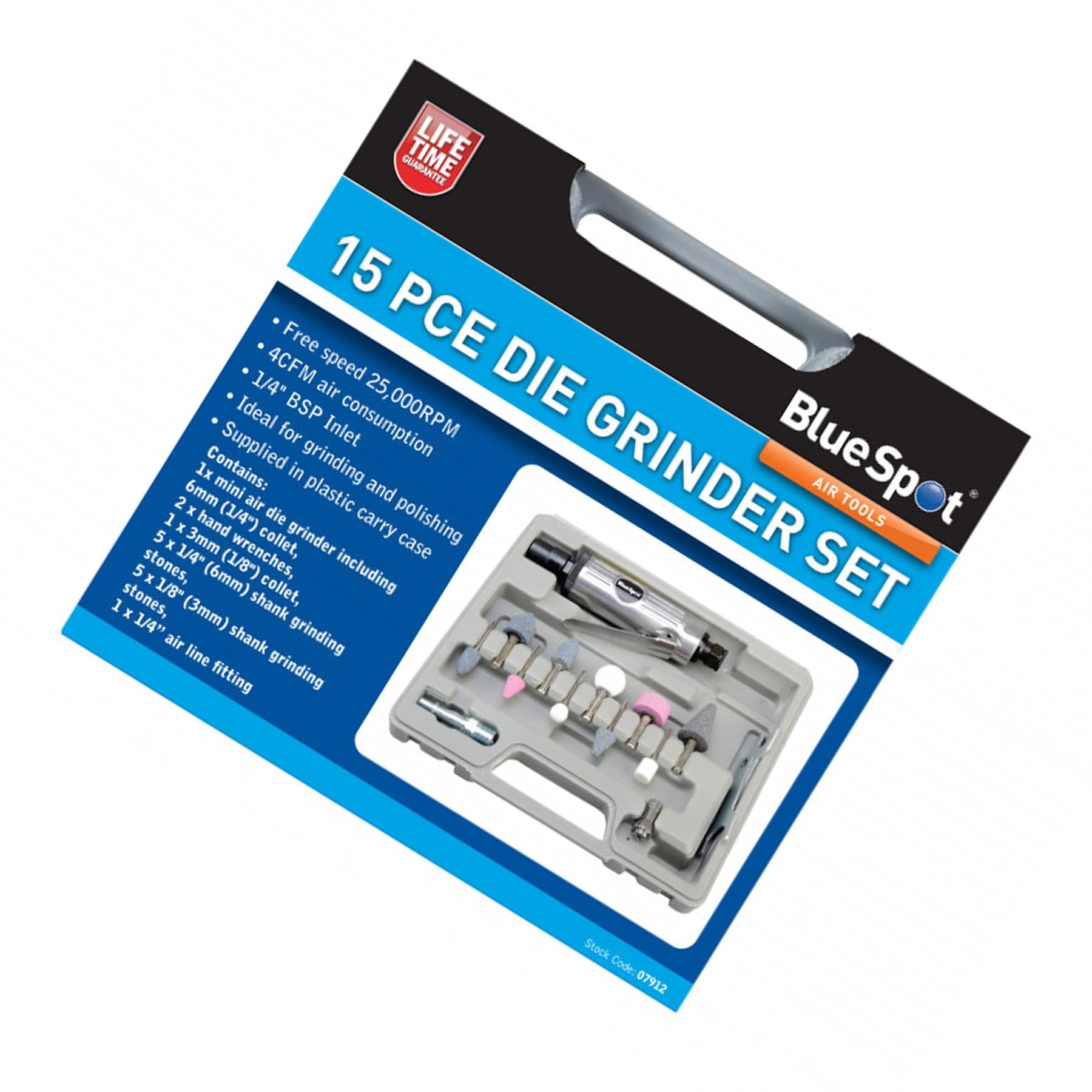 BlueSpot 15Pc 1/4" Straight Mini Air Die Grinder Tool Kit + Grinding Polishing Stones Set