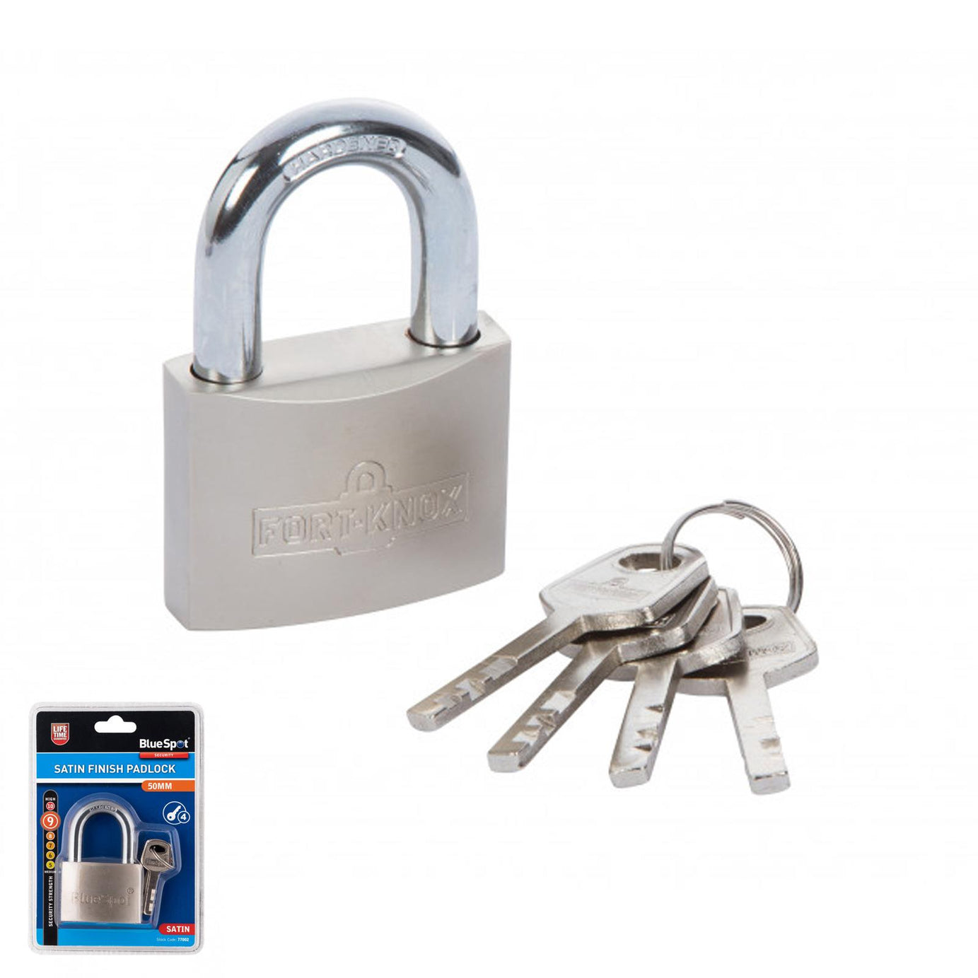 Bluespot 50mm Satin Finish Padlock Hardened Shackle Brass Cylinder 4 Keys