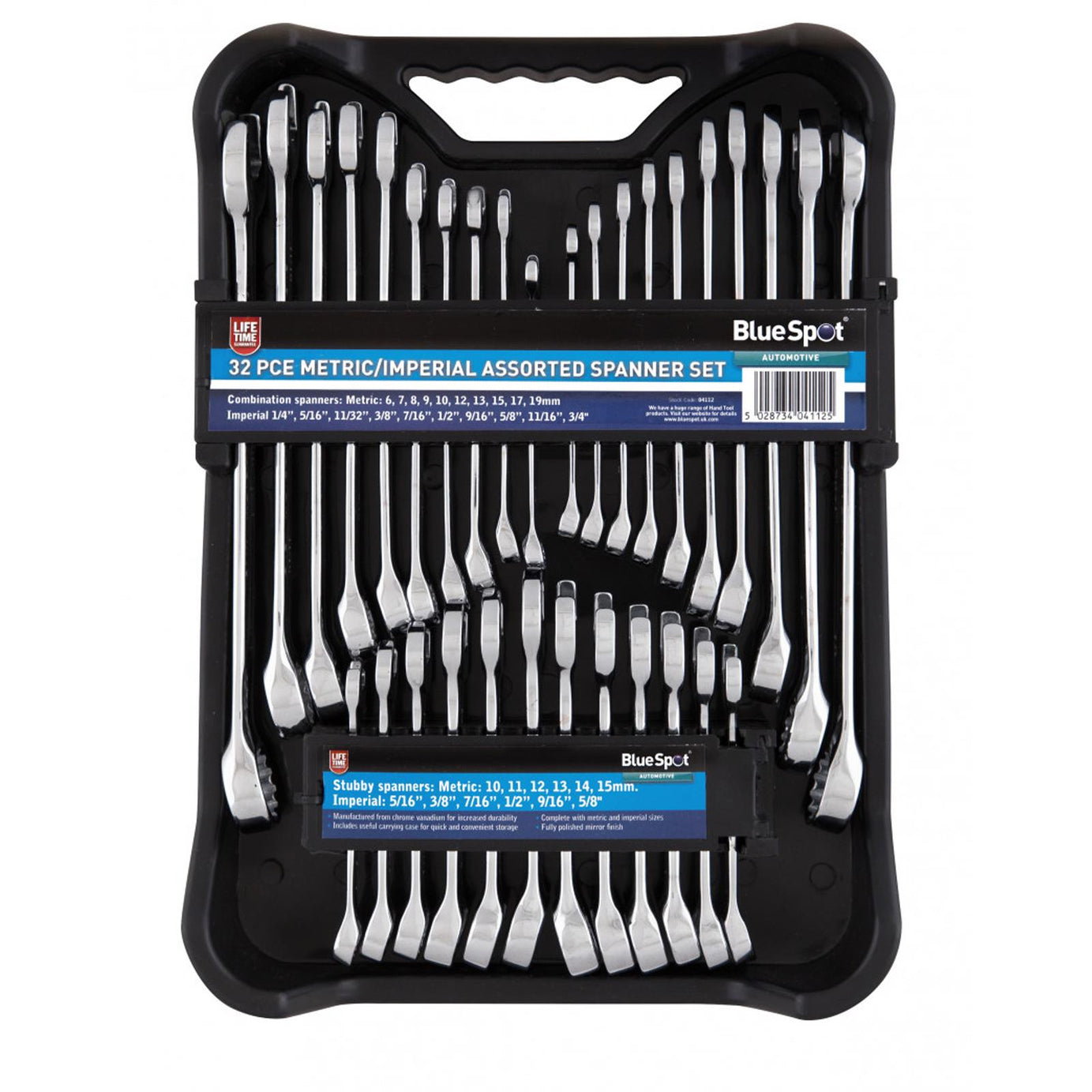 BlueSpot 32pc Assorted Spanner Set Imperial Metric Stubby Wrench 6-19mm Fully Polished