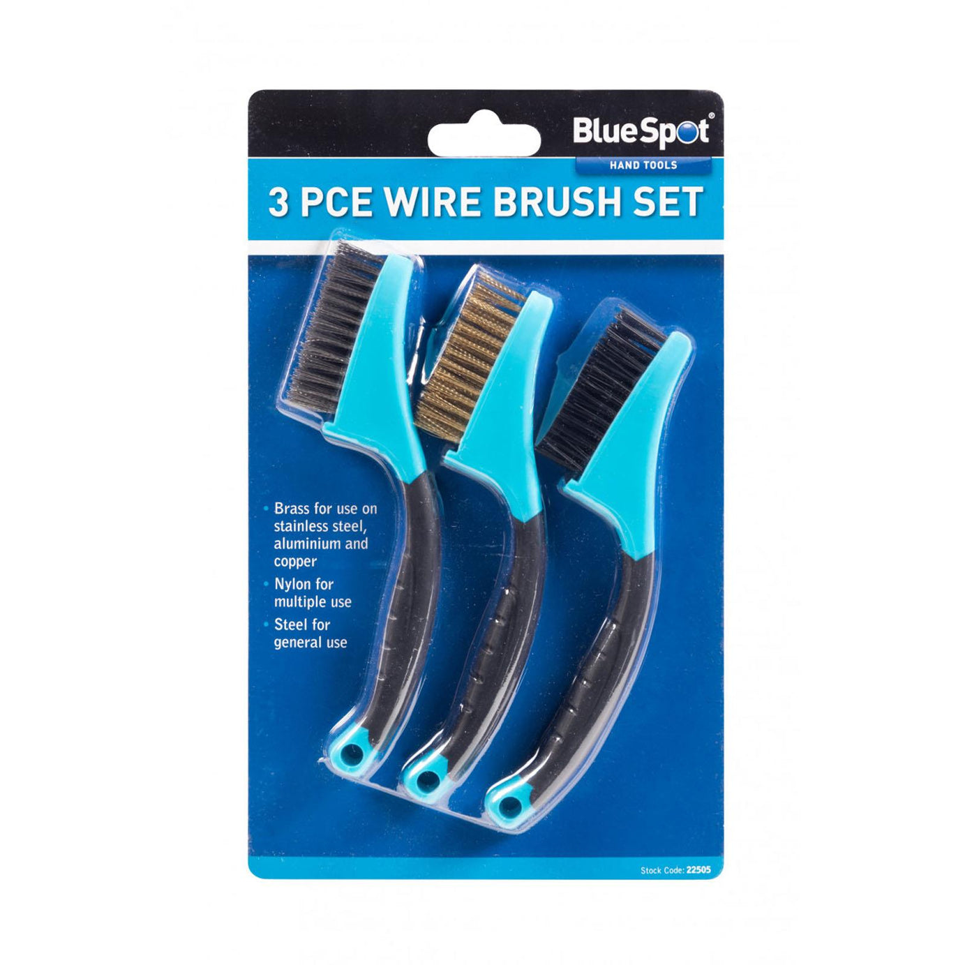 BlueSpot 3pc Soft Grip Mini Brush Set Nylon Brass Steel For Cleaning Metal Rust