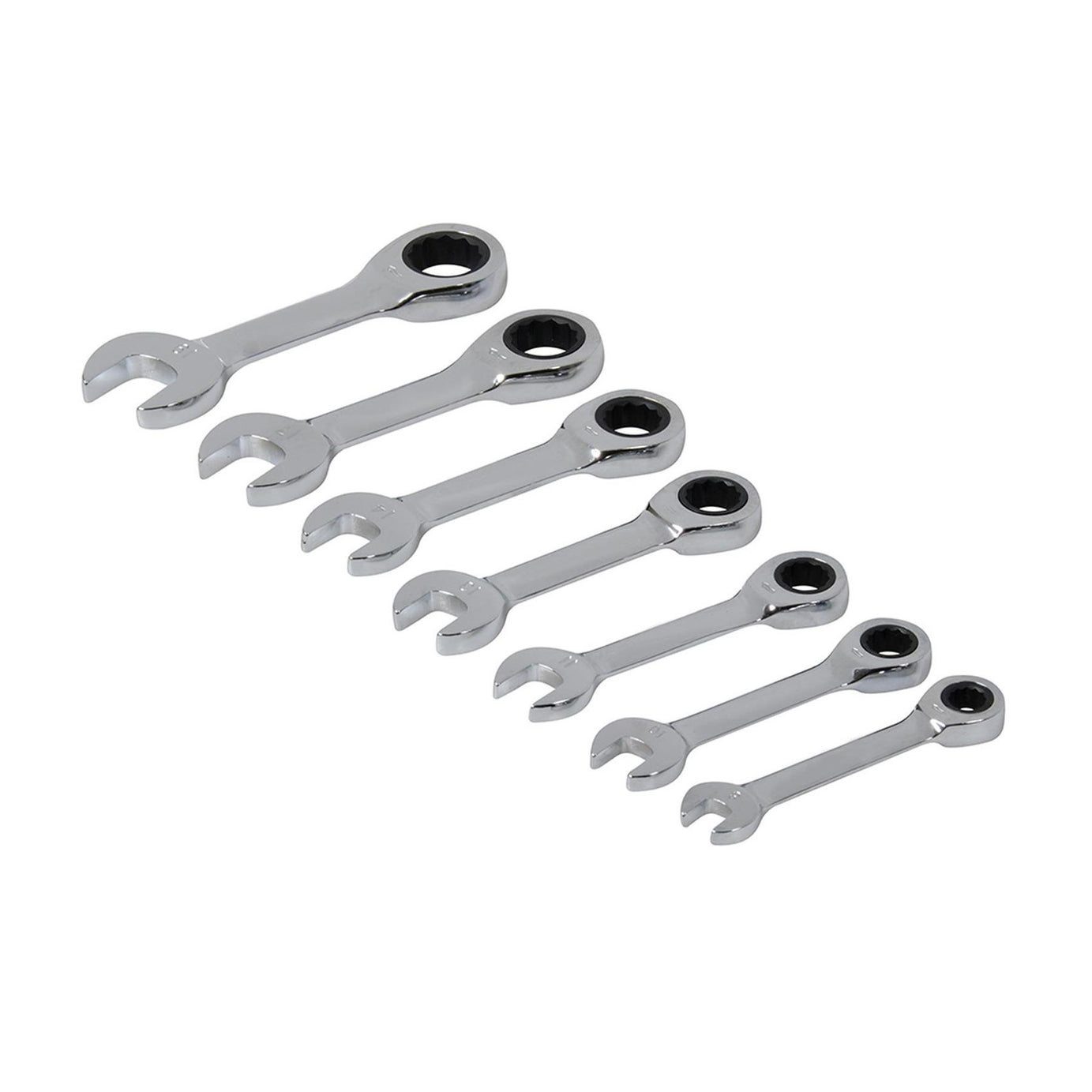 7Pce Stubby Ratchet Spanner Set 8 - 19mm Fully Mirror-Polished Quality