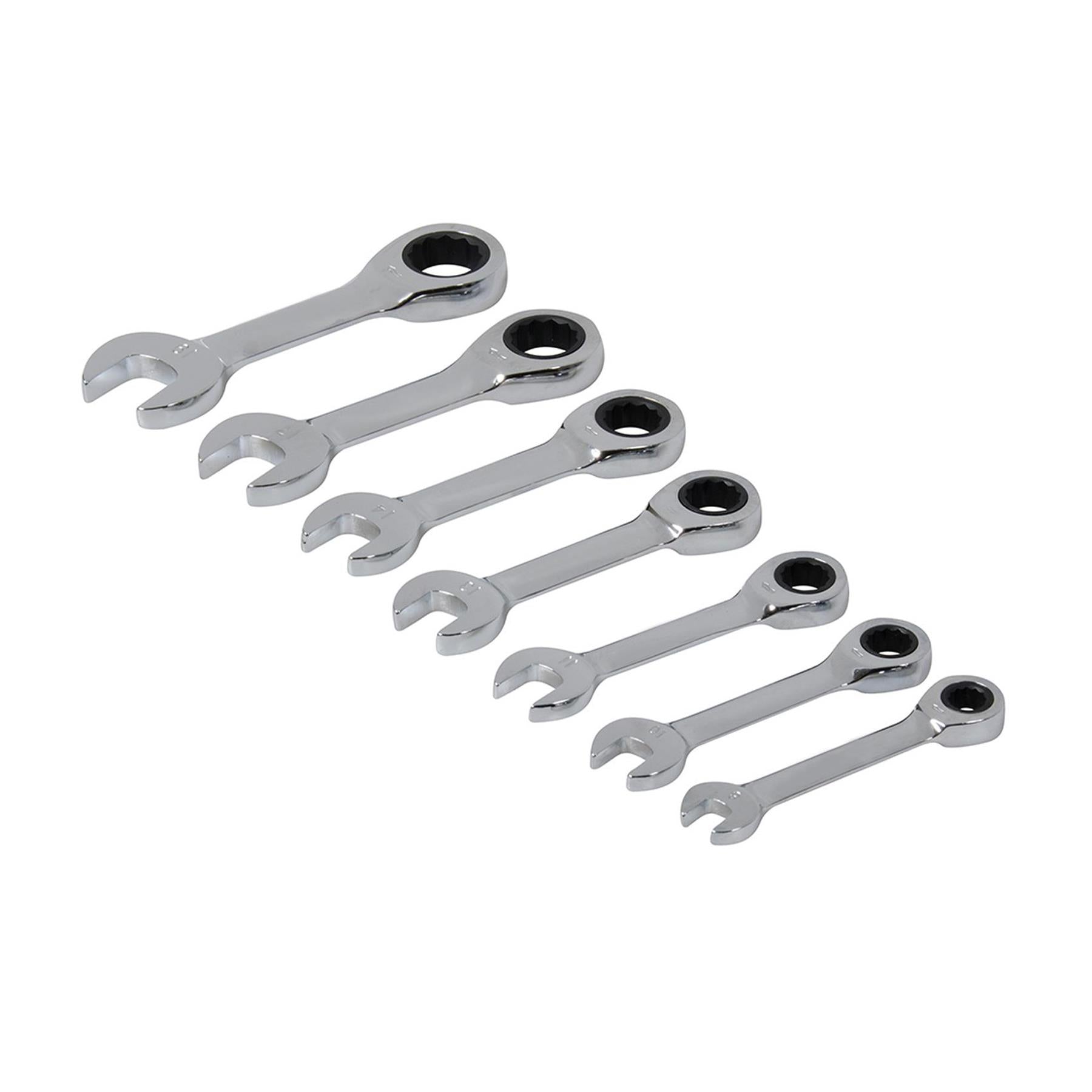 7Pce Stubby Ratchet Spanner Set 8 - 19mm Fully Mirror-Polished Quality