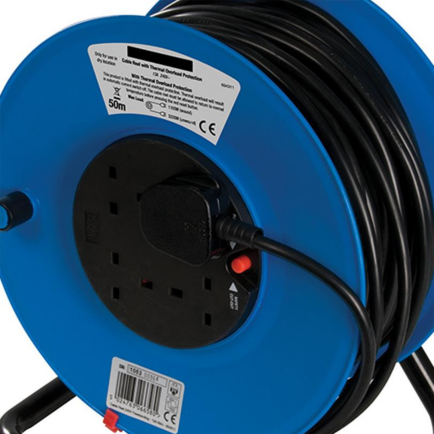 50M Mains Extension Cable Reel 240V Freestanding 13A 4 Socket Overload Protect