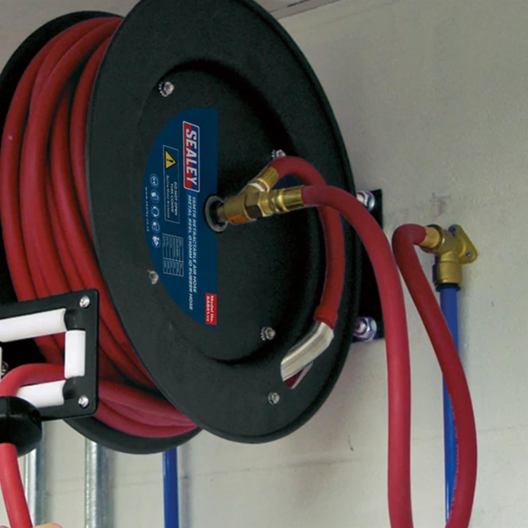Sealey Retractable Air Hose Metal Reel 15m 10mm ID Rubber Hose