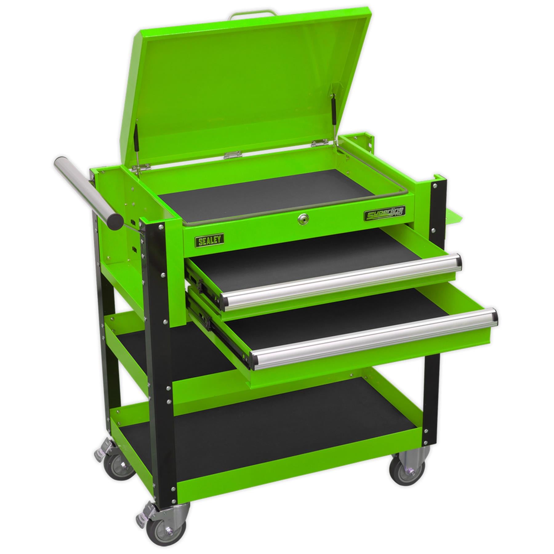 Sealey HD Mobile Tool & Parts Trolley 2 Drawer-Locking Top HV Green