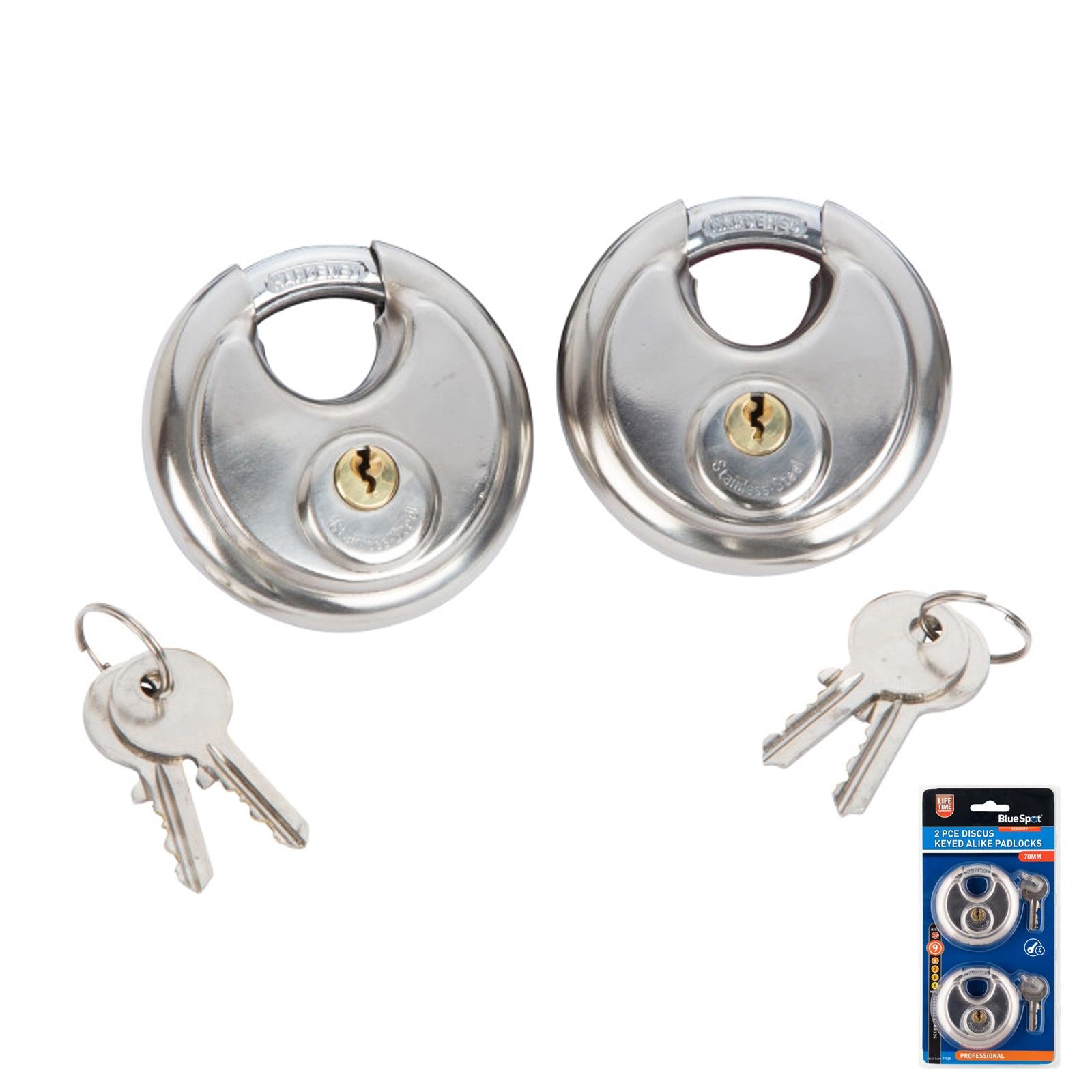 2 PACK Keyed Alike 70mm Stainless DISCUS PADLOCKS + 4 KEYS Strength