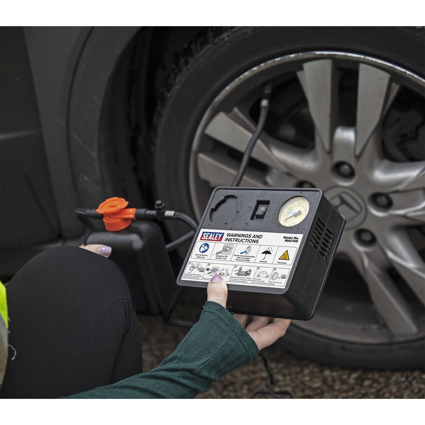 Sealey MAC10S 12V Tyre Inflator + Emergency Puncture Sealant Kit