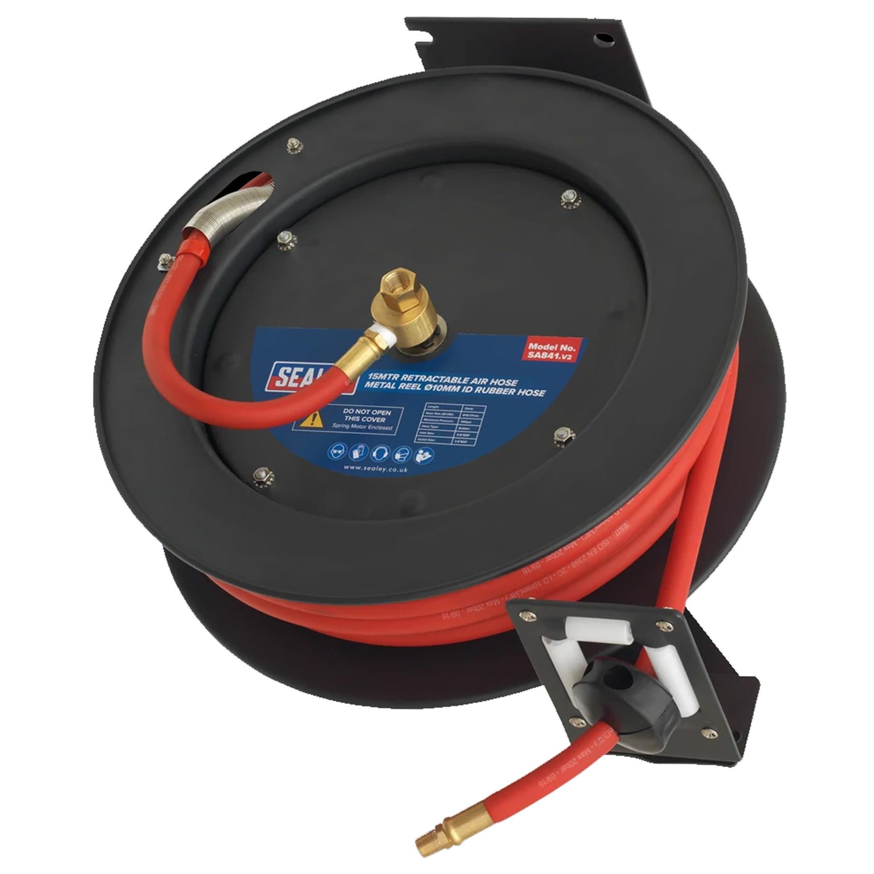 Sealey Retractable Air Hose Metal Reel 15m 10mm ID Rubber Hose