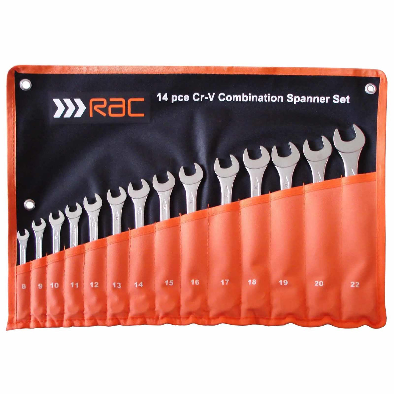 RAC 14PC METRIC COMBINATION OPEN RING CHROME SPANNER WRENCH SET IN CASE 8-22MM