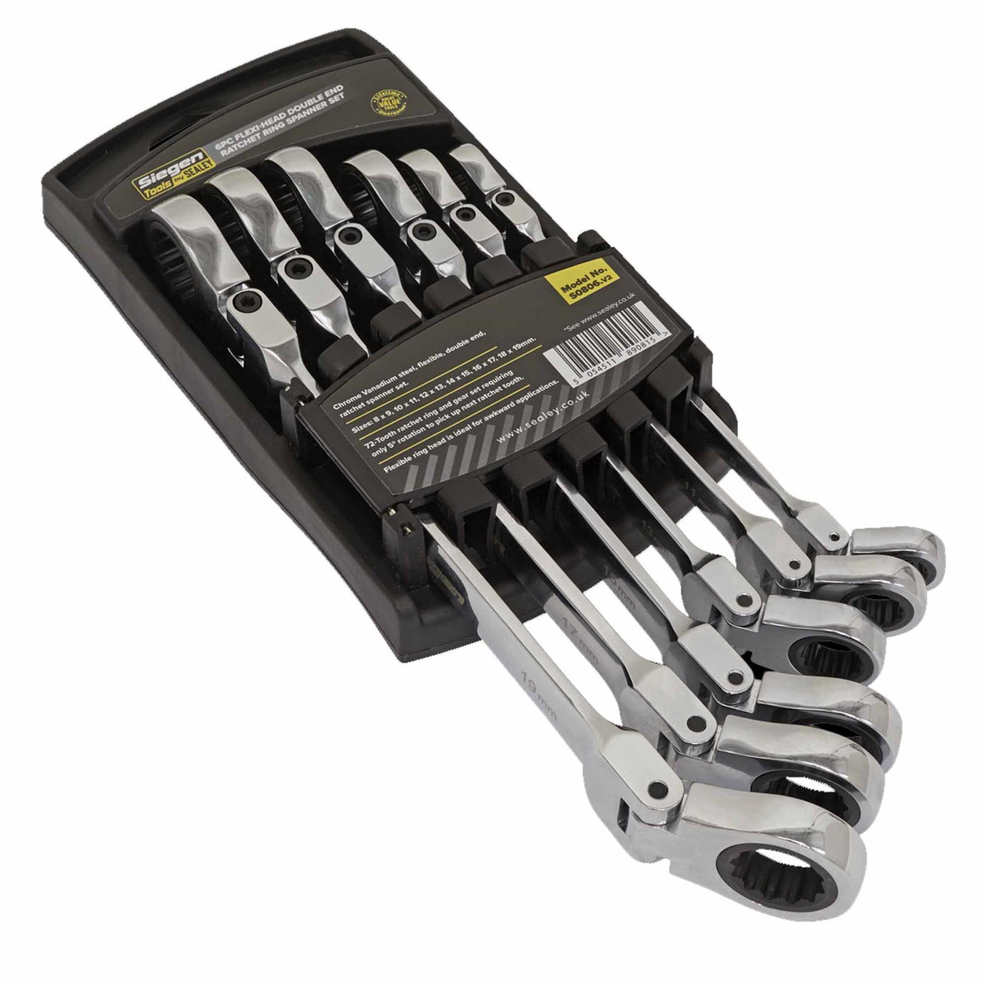 Sealey Flexi-Head Double End Ratchet Ring Spanner Set 6pc Metric