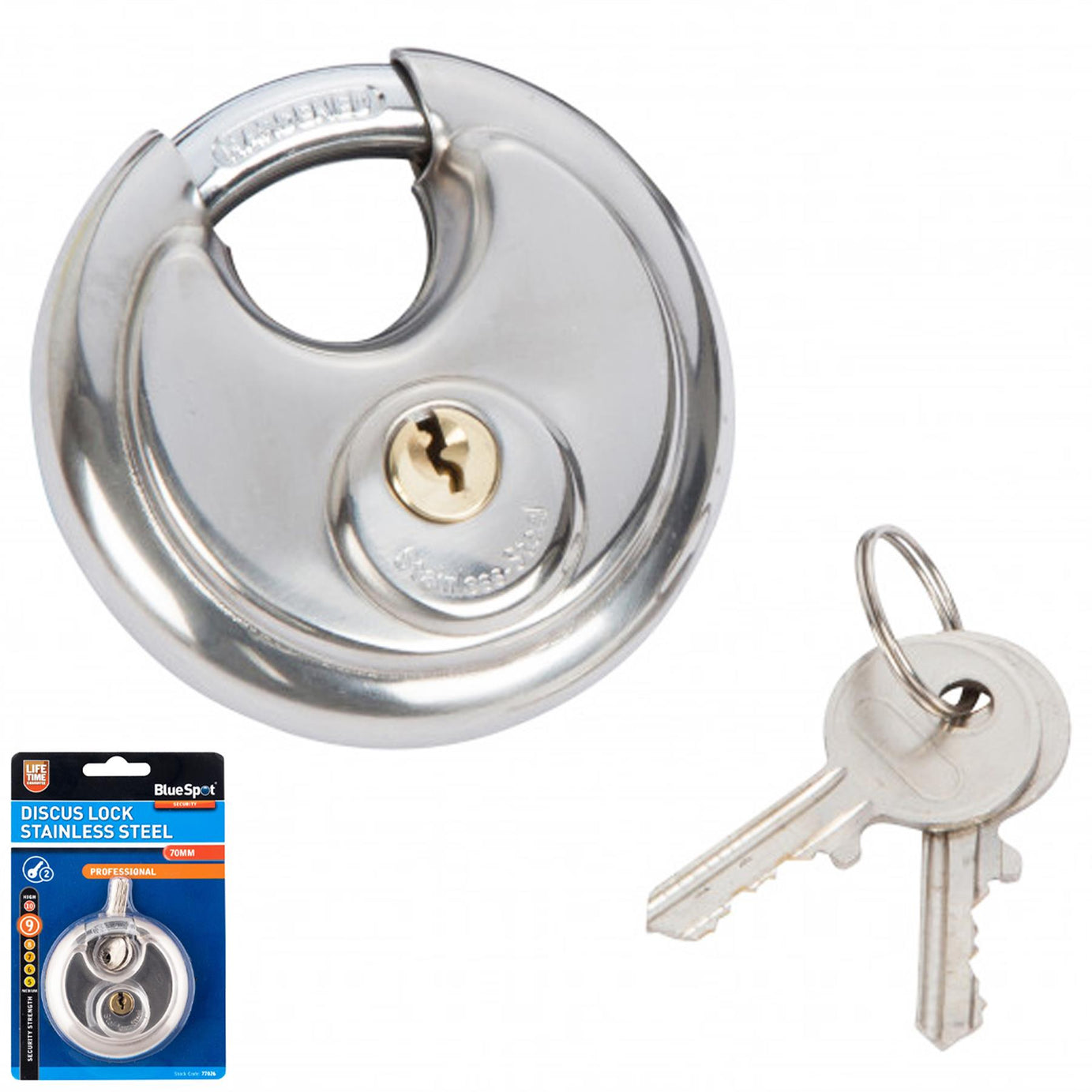 BlueSpot 70mm Disc Padlock Shackle Stainless Steel 2 Keys Waterproof Lifetime Guarantee