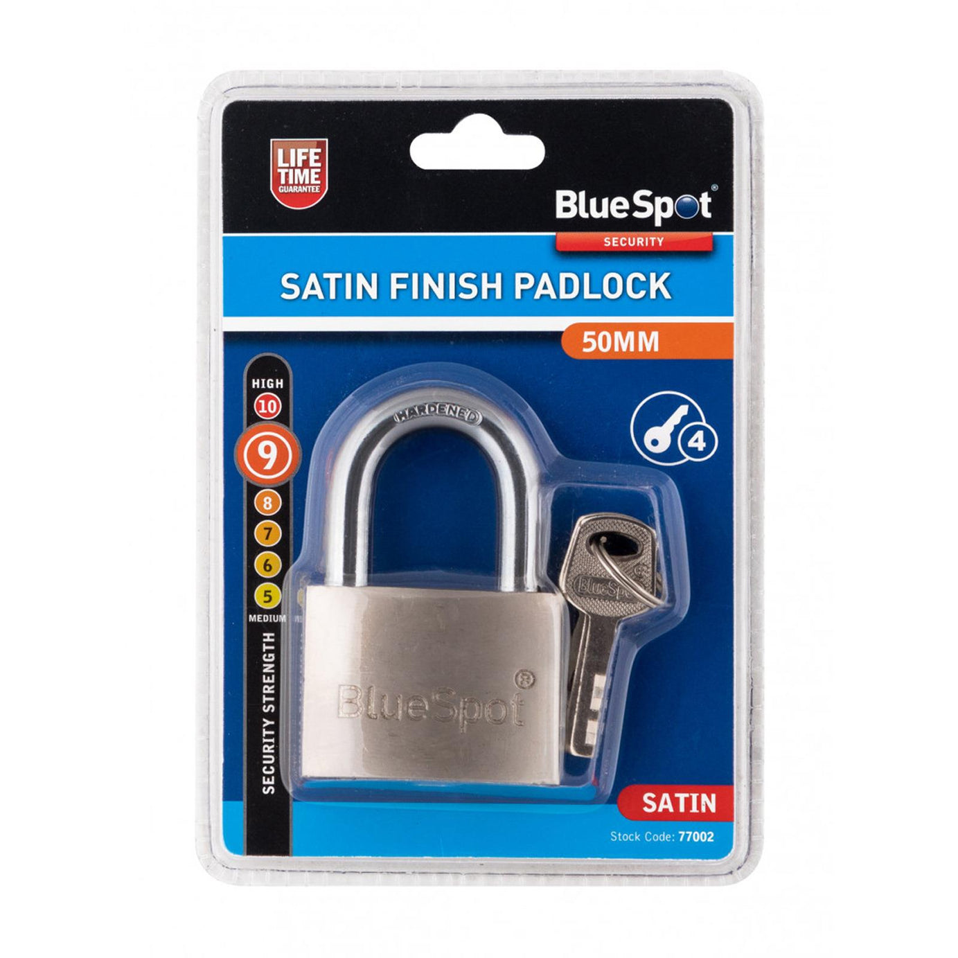 Bluespot 50mm Satin Finish Padlock Hardened Shackle Brass Cylinder 4 Keys