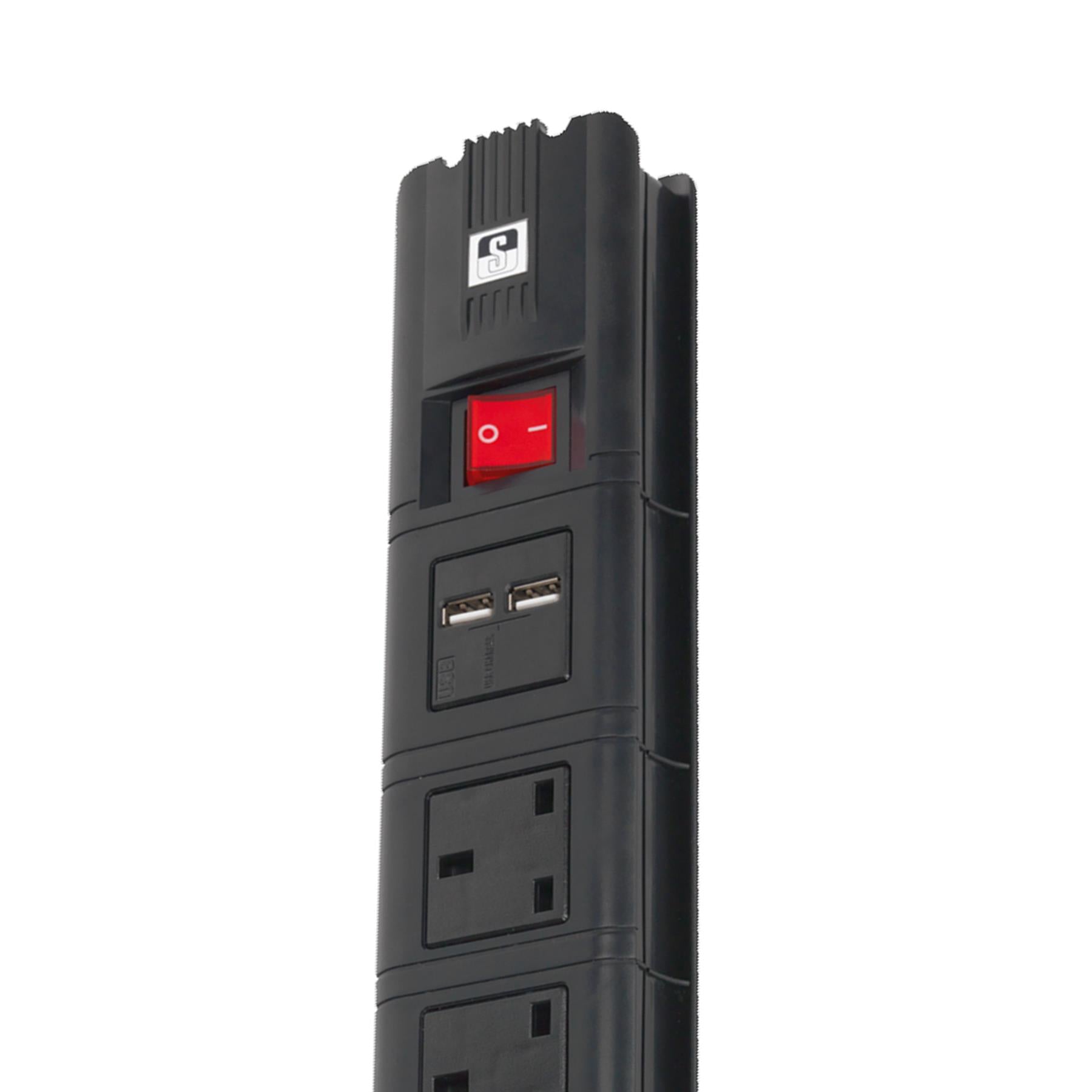 Sealey Extension Cable 2.6m 4 x 230V + 2 x USB Sockets - Black