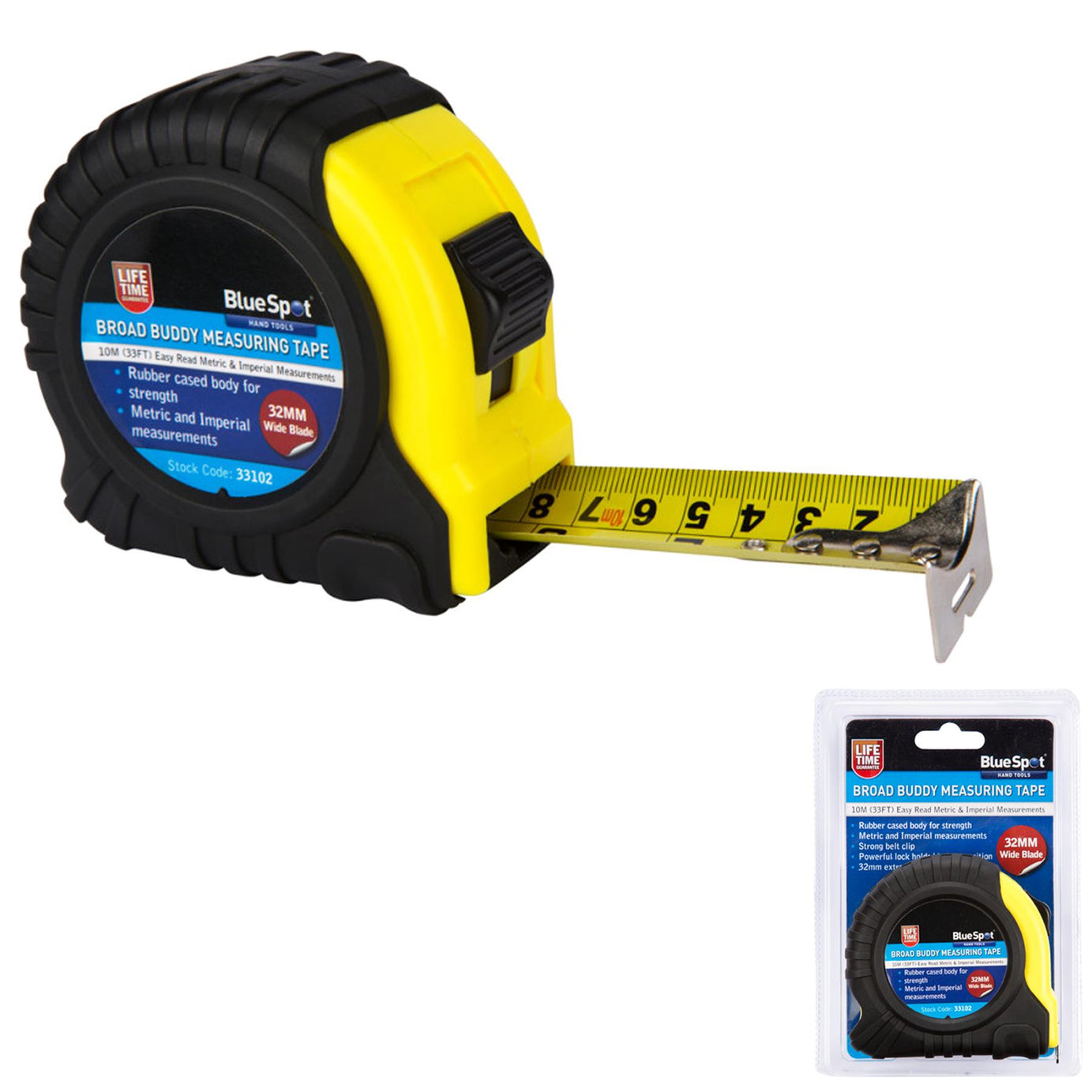 BlueSpot 32mm Extra Wide Blade Soft Grip Tape Measure Length 10m Measuring Tools