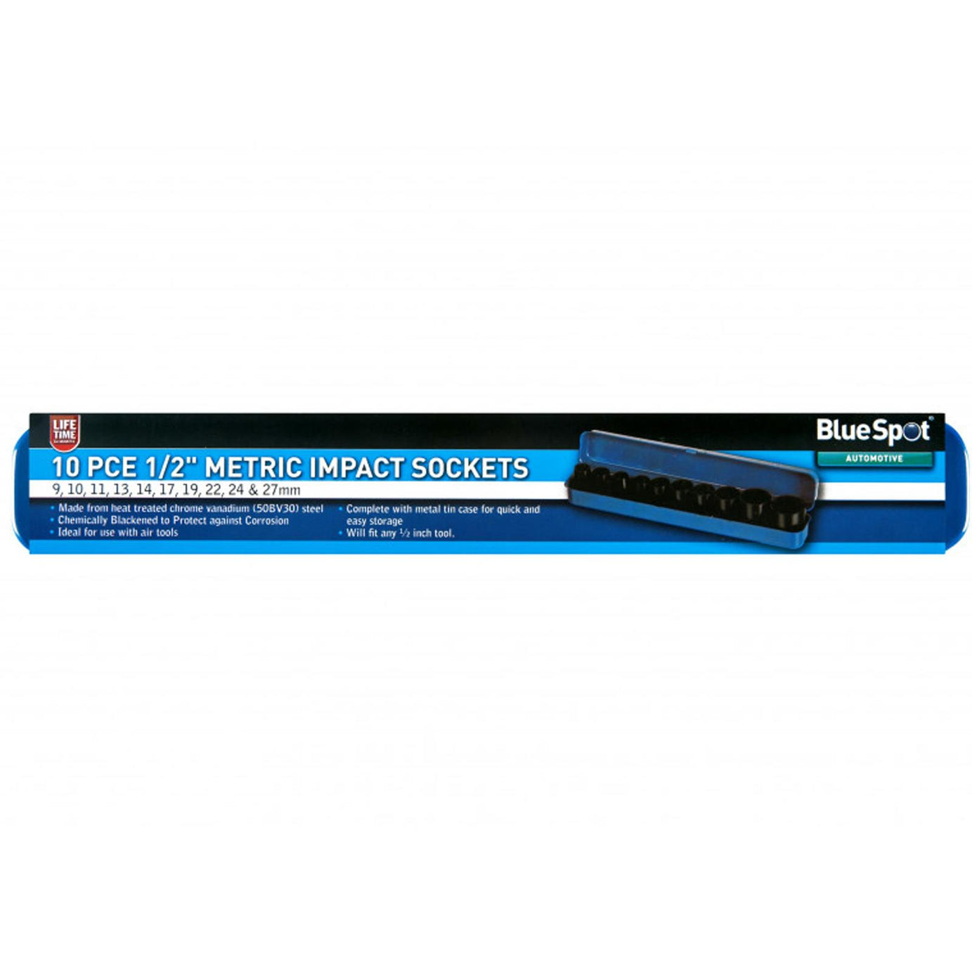 BlueSpot 10Pce 1/2" Metric Impact Sockets Socket Set (9-27mm) Heat Treated CRV