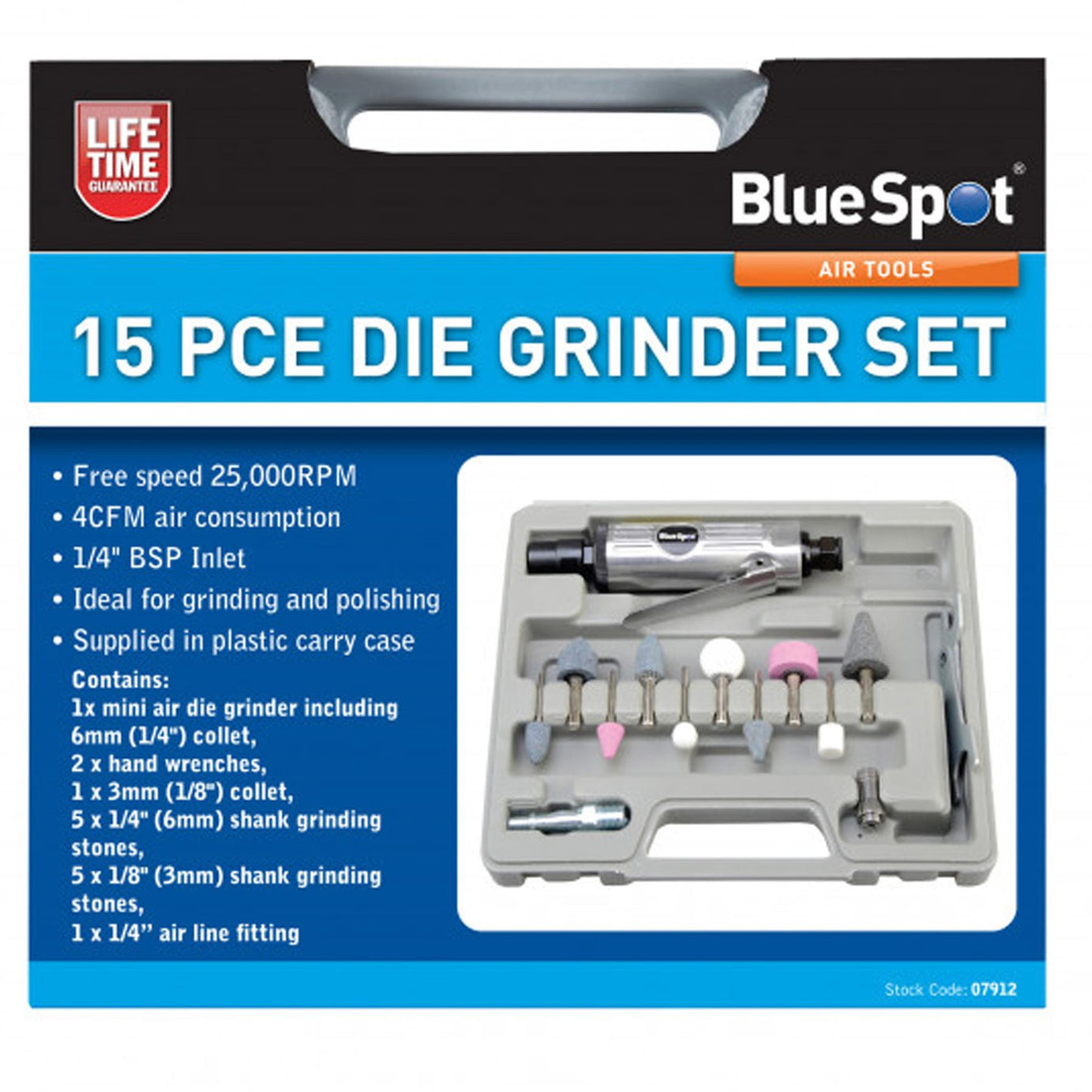 BlueSpot 15Pc 1/4" Straight Mini Air Die Grinder Tool Kit + Grinding Polishing Stones Set