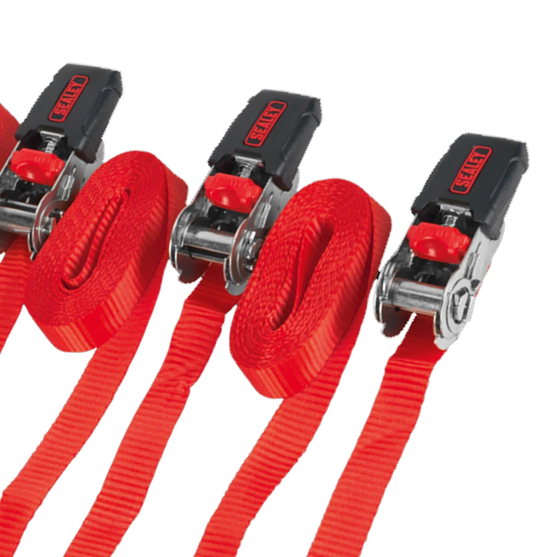 Sealey Ratchet Tie Down 25mm x 4m Polyester Webbing with S-Hooks 800kg Breaking Strength - 2 Pairs