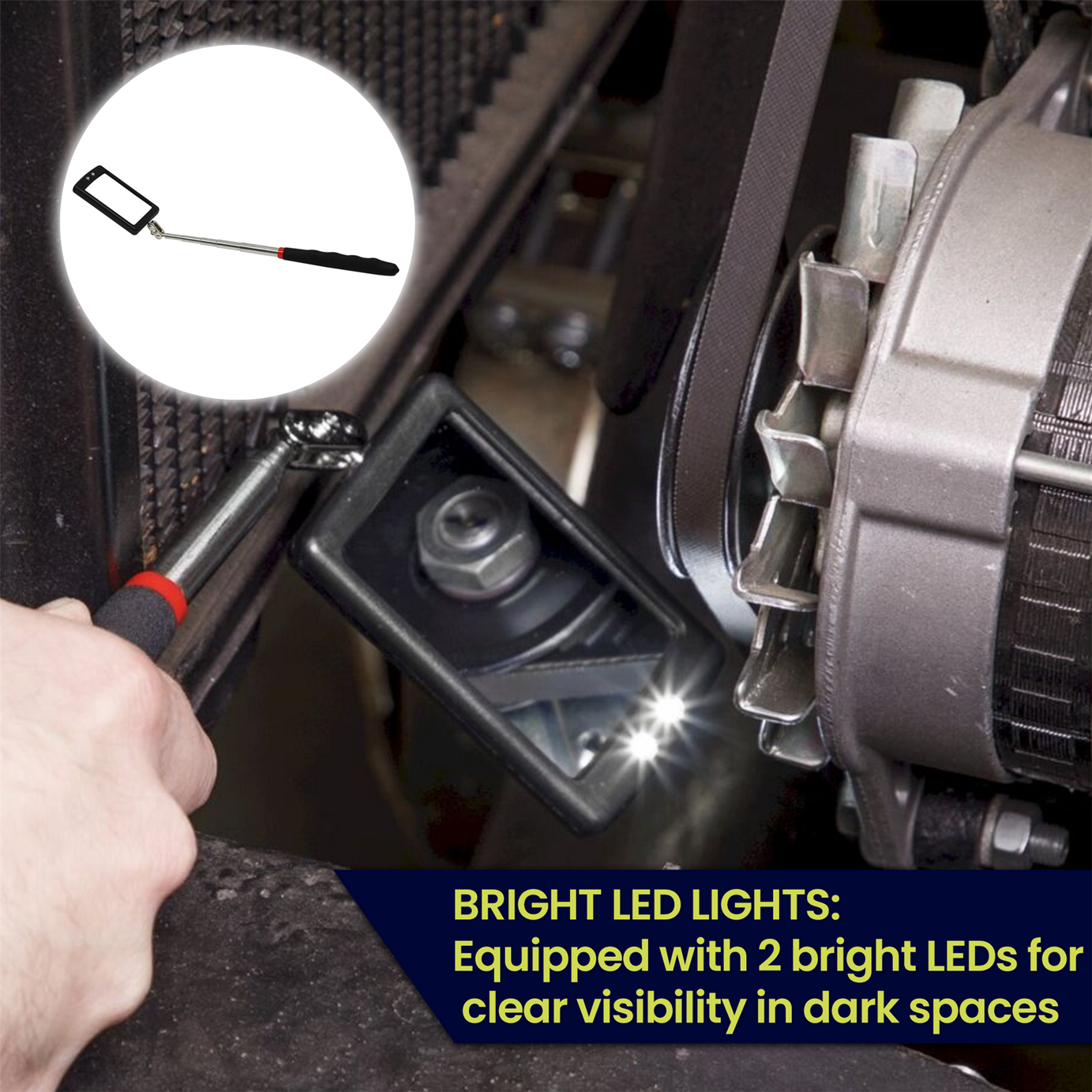 Telescopic Light Inspection Mirror With 2 Bright LED Grip Extends 29-87cm