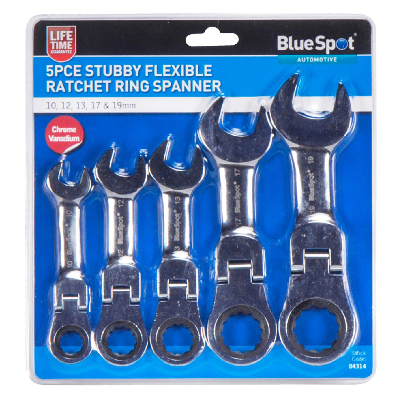 BlueSpot 5Pcs Stubby Ratchet Spanner Set Flexible Head Combination 10mm - 19mm