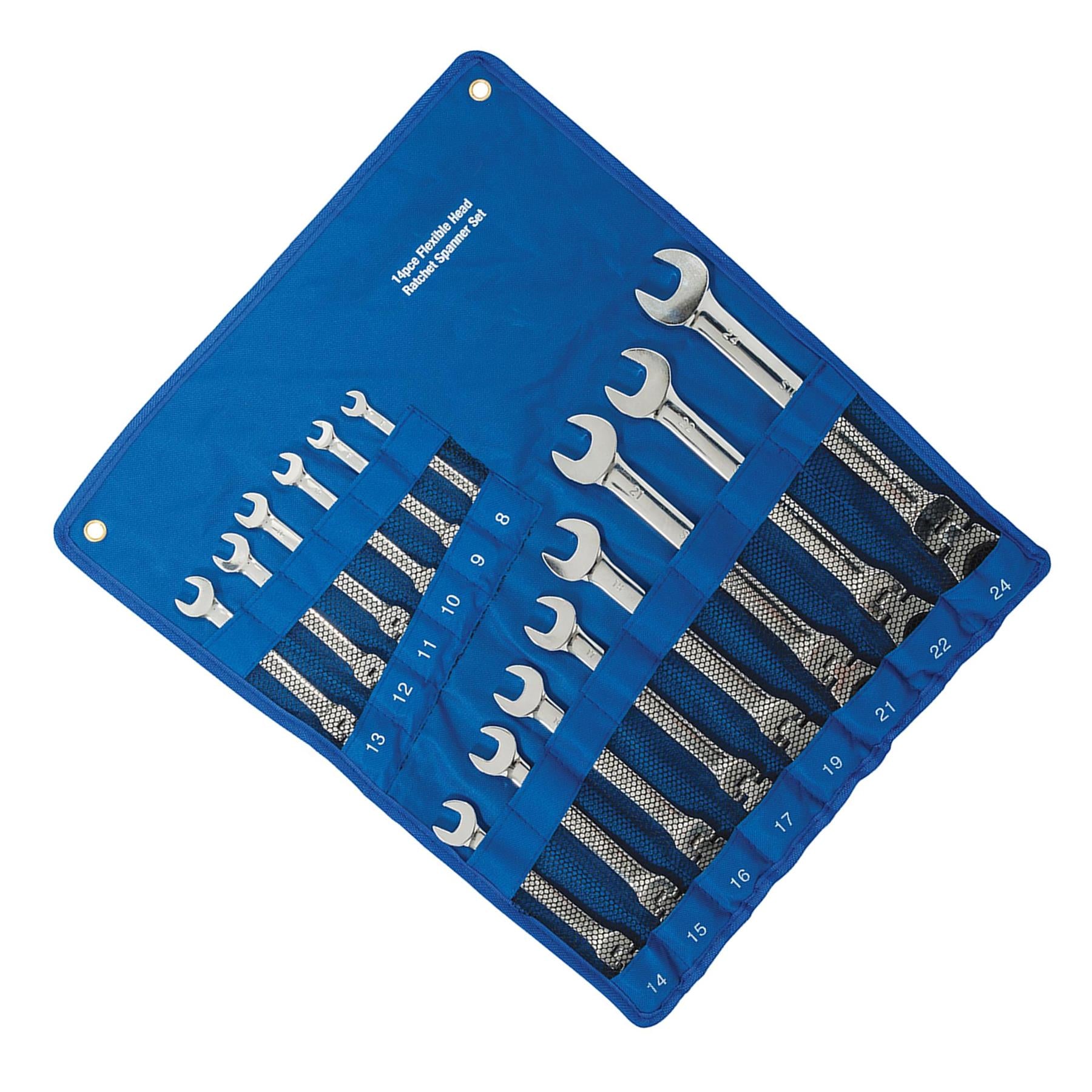 14Pce Flexible Head Ratchet Spanner Set 8mm - 24mm Polished 40Cr Alloy Steel
