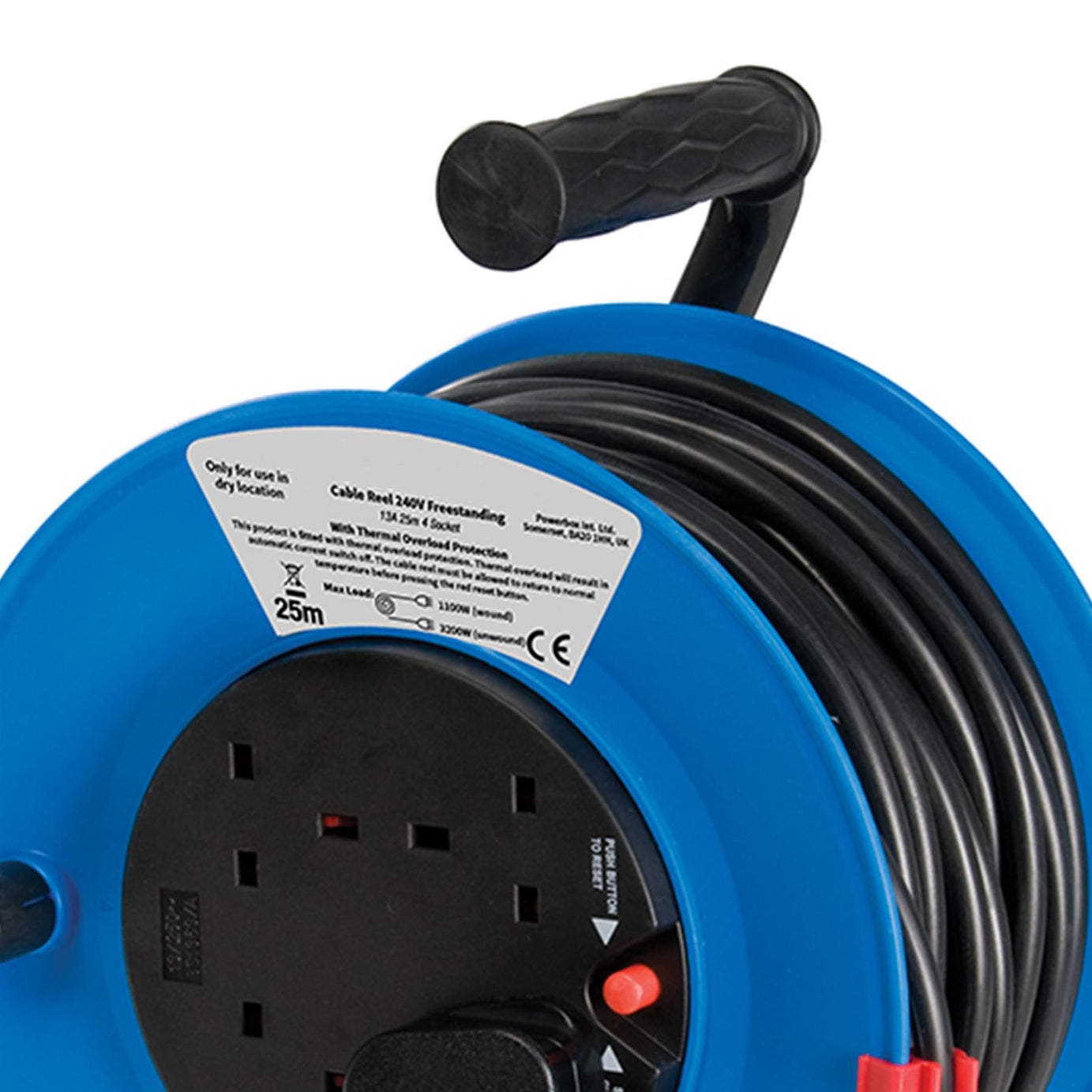 Brand New 25M Mains Power Extension Cable Reel 4 Socket 240V 13A Freestanding