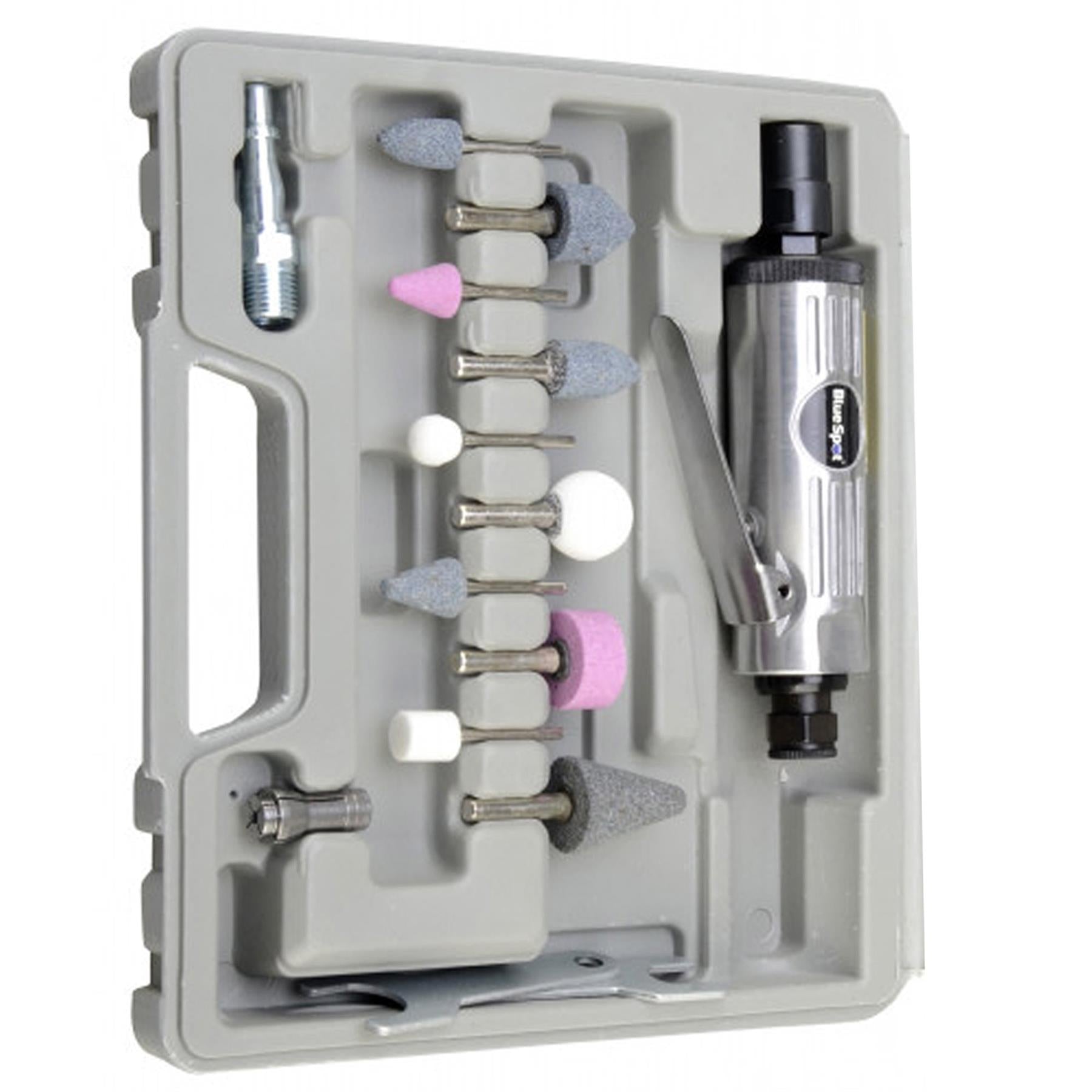 BlueSpot 15Pc 1/4" Straight Mini Air Die Grinder Tool Kit + Grinding Polishing Stones Set