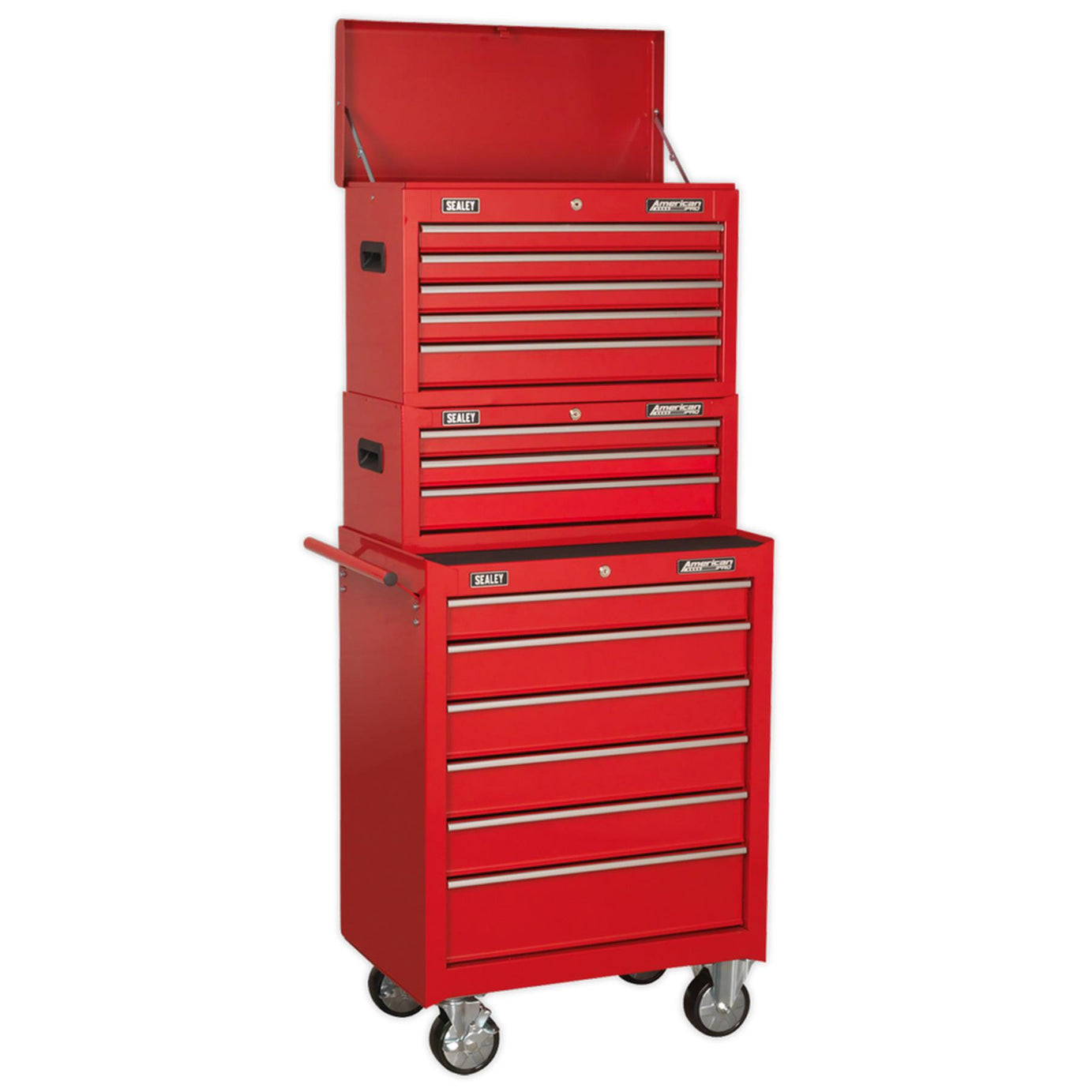 Sealey Topchest, Mid-Box & Rollcab 14 Drawer Stack - Red