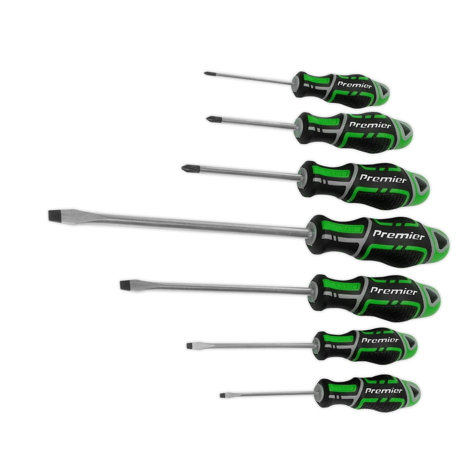 Sealey Slotted Pozi Magnetic Screwdriver Set GripMax 7 pce 75-200mm Hi Vis Green