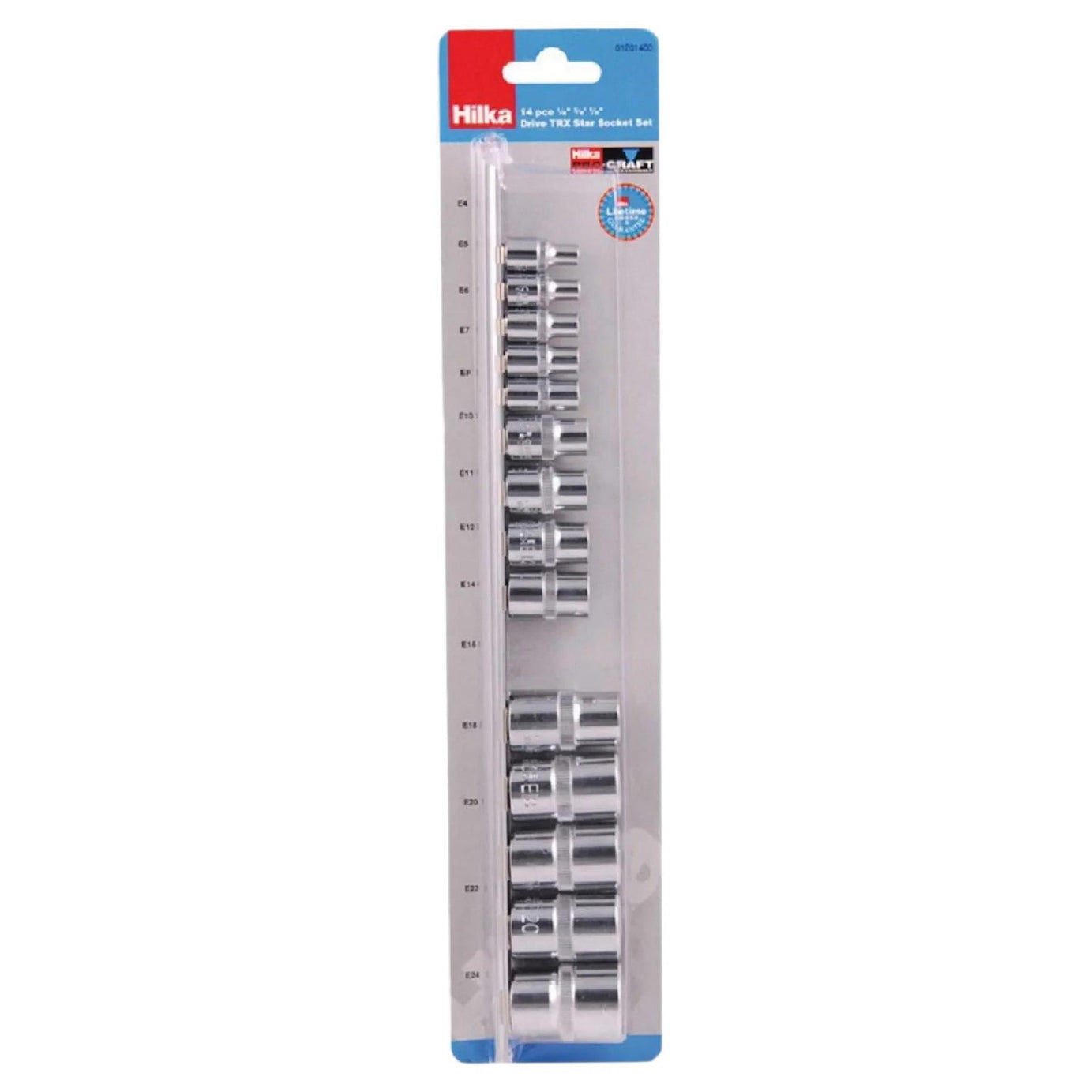 Hilka Female TORX Bit STAR E Socket Set on Rail 1/4” 3/8” & 1/2” Drive. 14 TORX