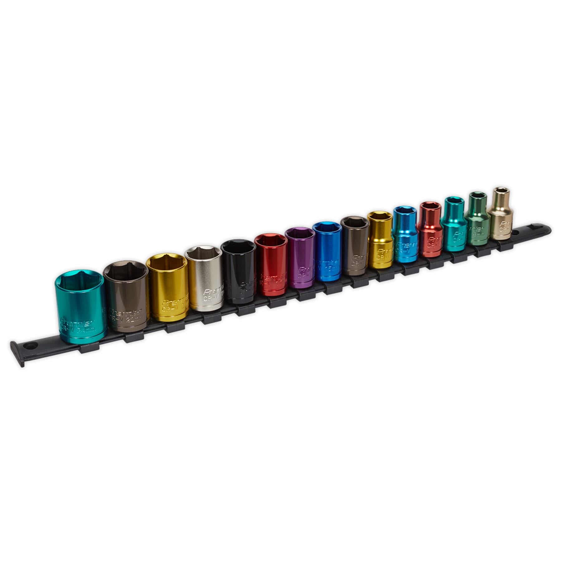 Sealey 15pc Multi Coloured Socket Set 8mm - 24mm 6pt Set 1/2" Sq Drive Metric