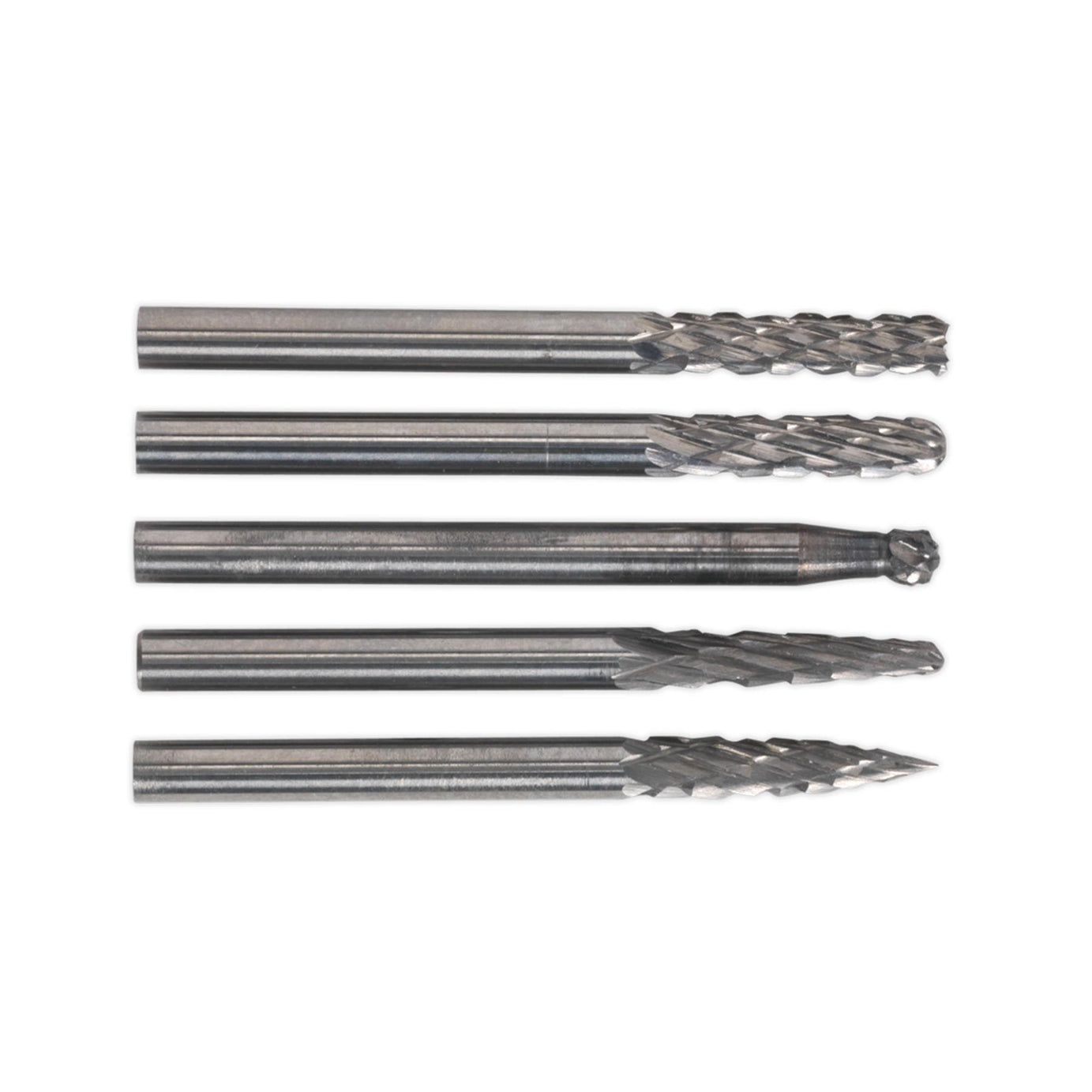 Micro Carbide Burr Set 5pc. Ø3mm Burrs made from Tungsten Carbide Sealey