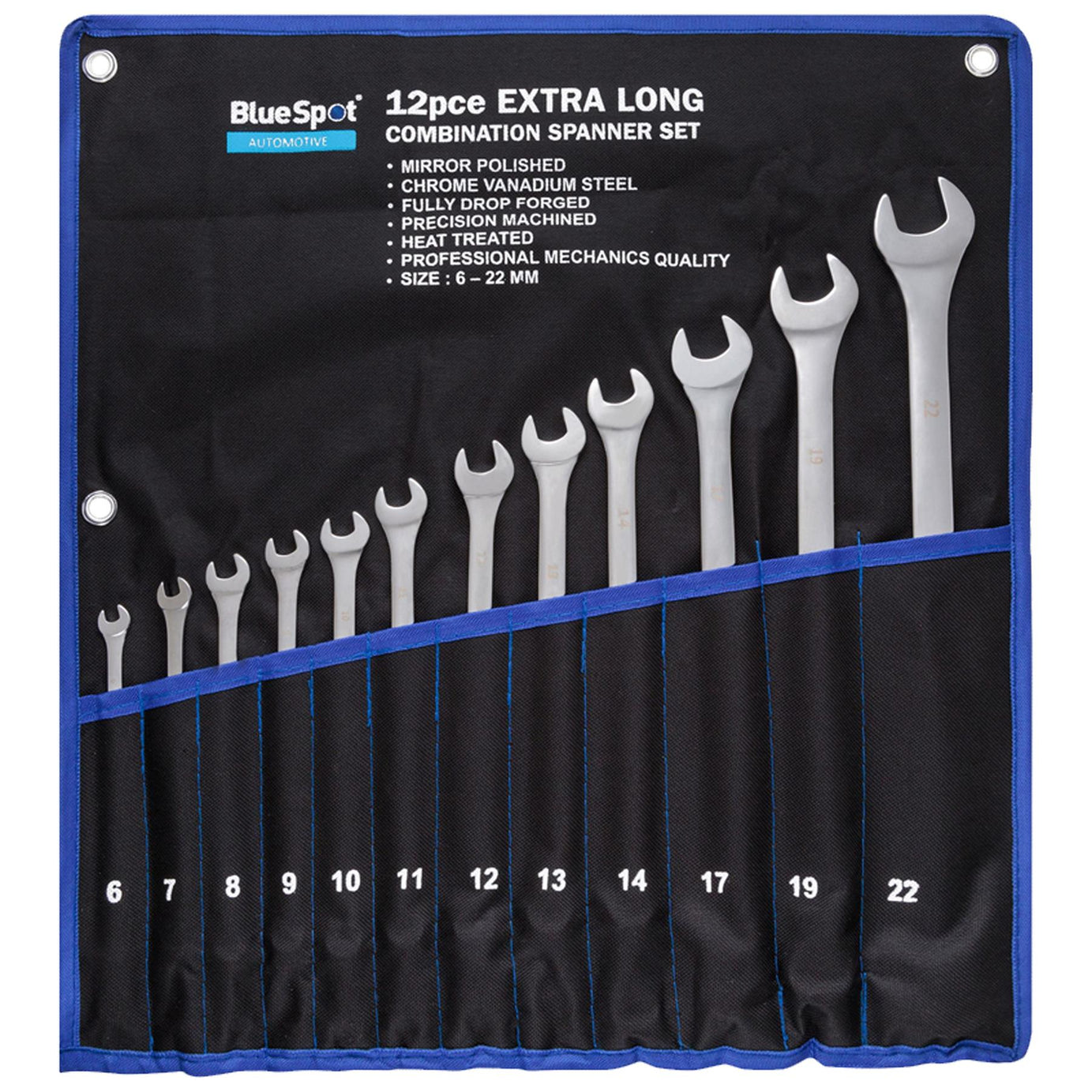 BlueSpot 12 Piece 6-22mm Extra Long Combination Spanner Set Metric Chrome Vanadium