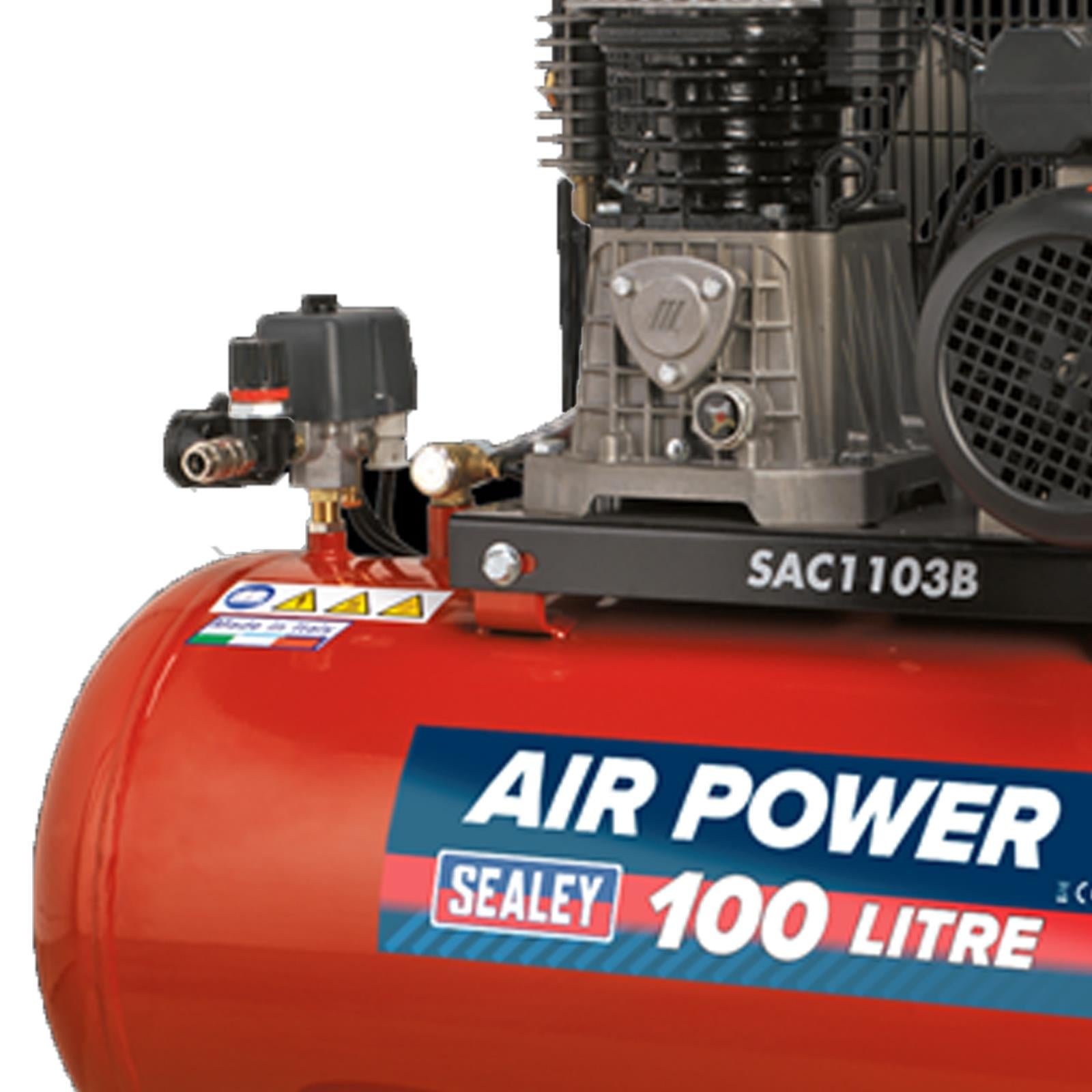 Sealey Compressor 100L Belt Drive 3HP With Cast Cylinders & Wheels