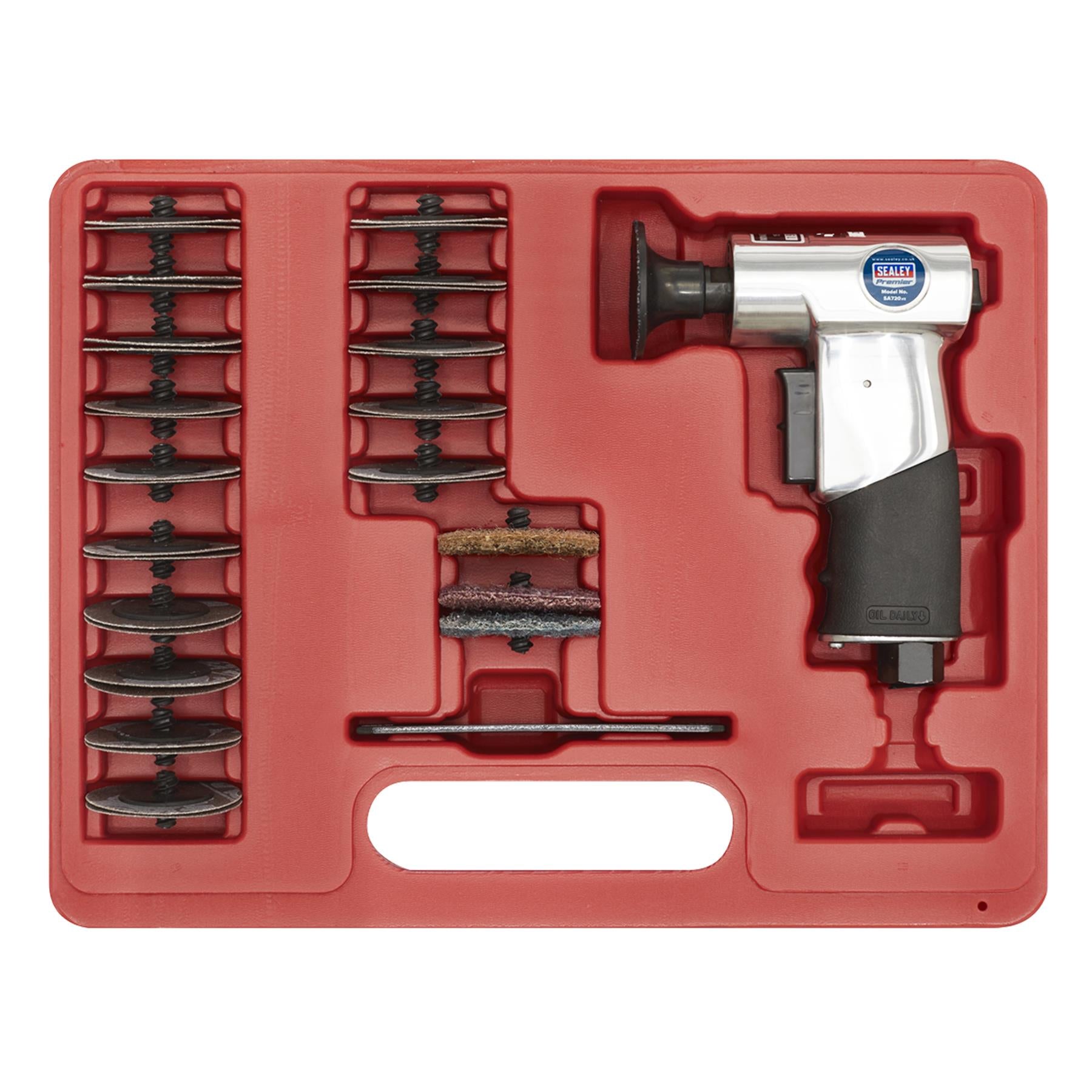 Sealey Air Mini Sander Kit 50mm 35pc With Double Finger Trigger