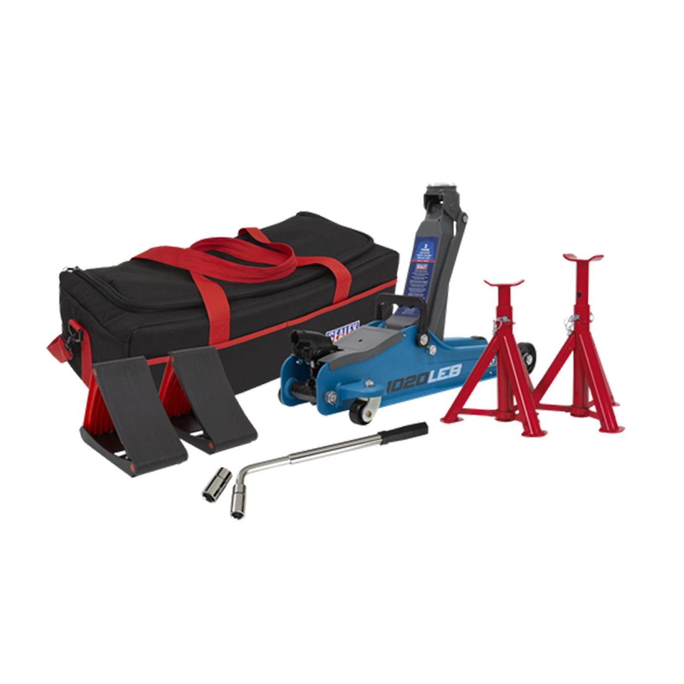 Sealey Trolley Jack 2 Tonne Low Entry Short Chassis & Accessories Bag Combo - Blue