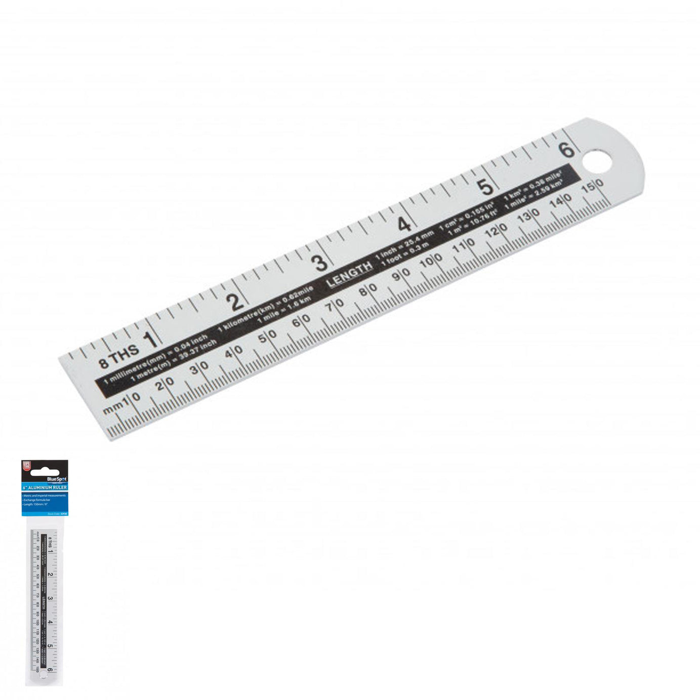 BlueSpot Aluminium Ruler Measure 6" Anodised Aluminium Light & Won't Rust