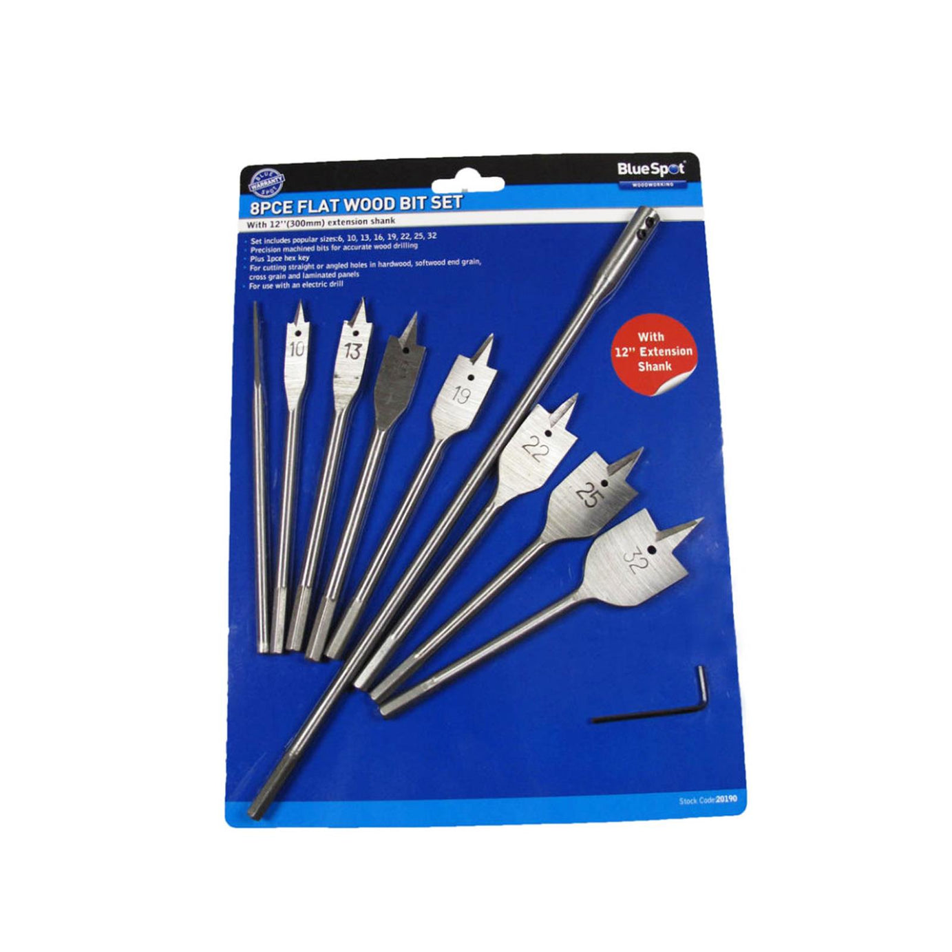 Bluespot 10pc Flat Wood Drilling Drill Bit Set 6-32mm 12" Extension Shank Hex Key Cutting