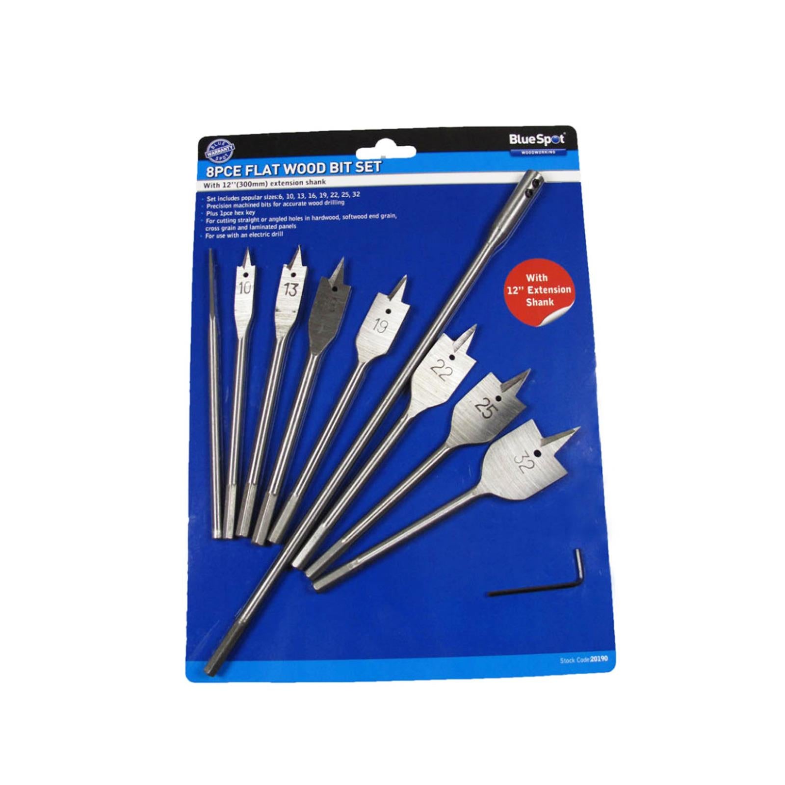 Bluespot 10pc Flat Wood Drilling Drill Bit Set 6-32mm 12" Extension Shank Hex Key Cutting