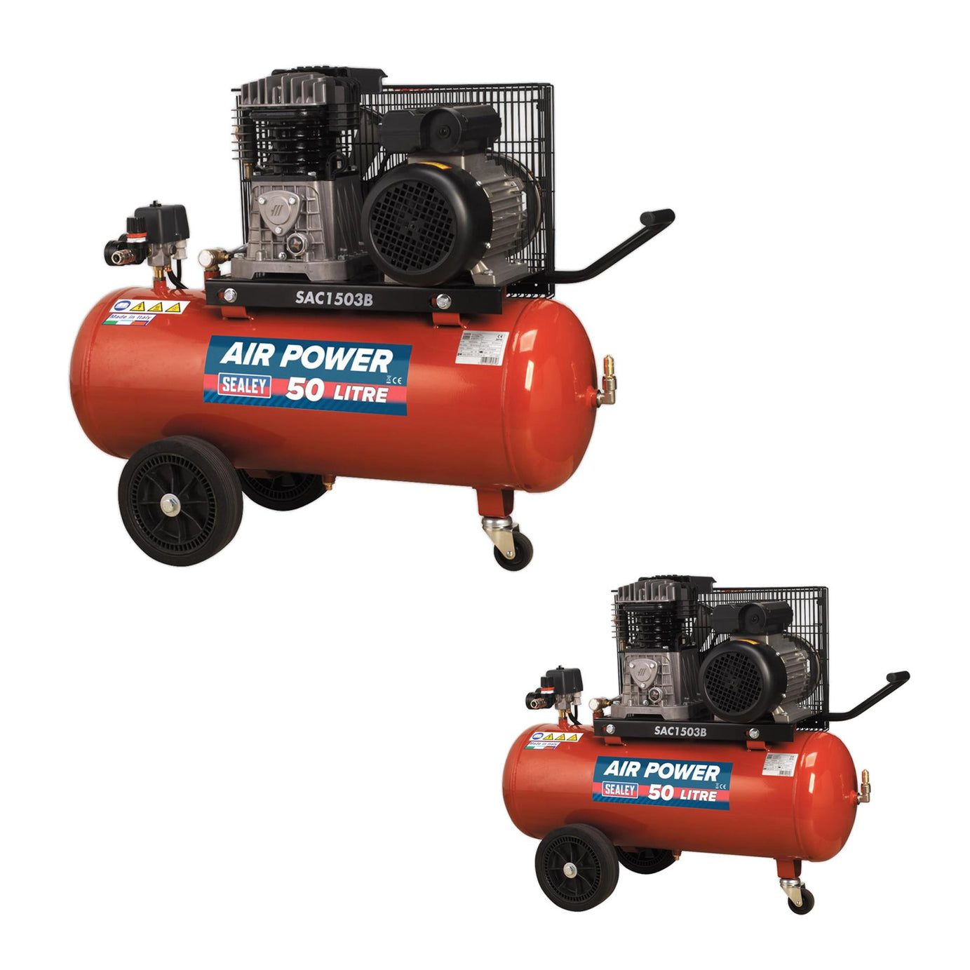 Sealey Compressor 50L Belt Drive 3hp with Cast Cylinders & Wheels