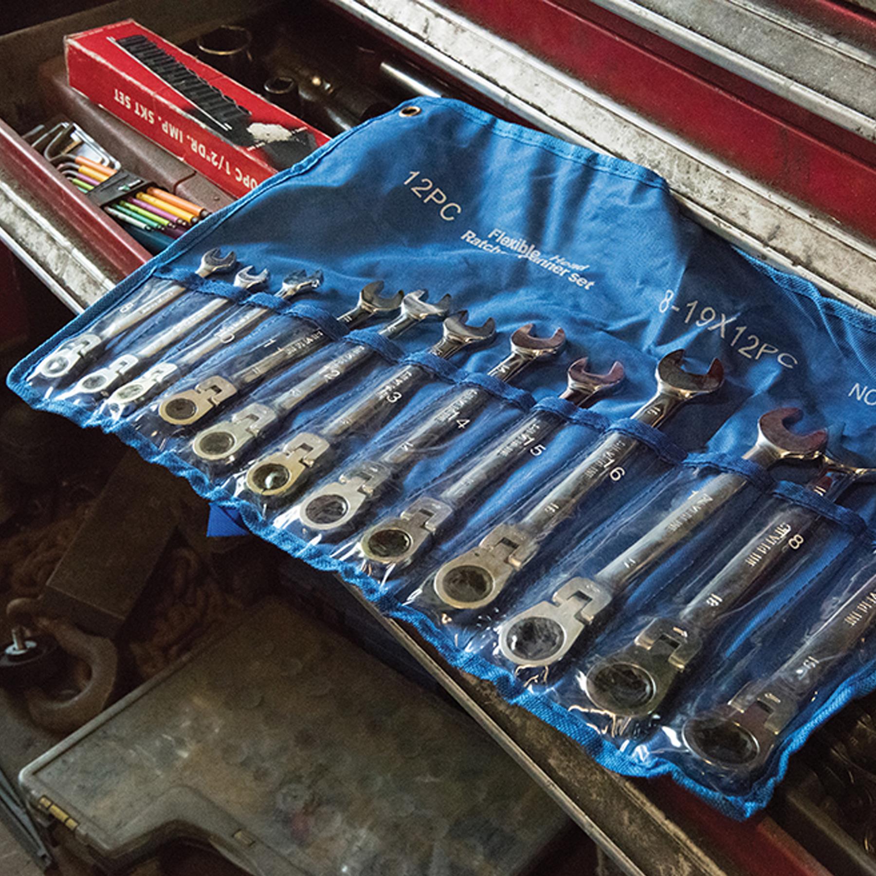 12Pce Flexible Head Ratchet Spanner Set 8mm - 19mm Polished 40Cr Alloy Steel