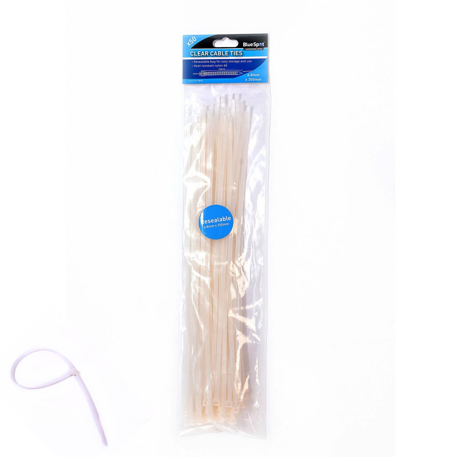 BlueSpot Cable Ties White Releasable SelfLocking Ties 50Pce 4.8mm x 350mm