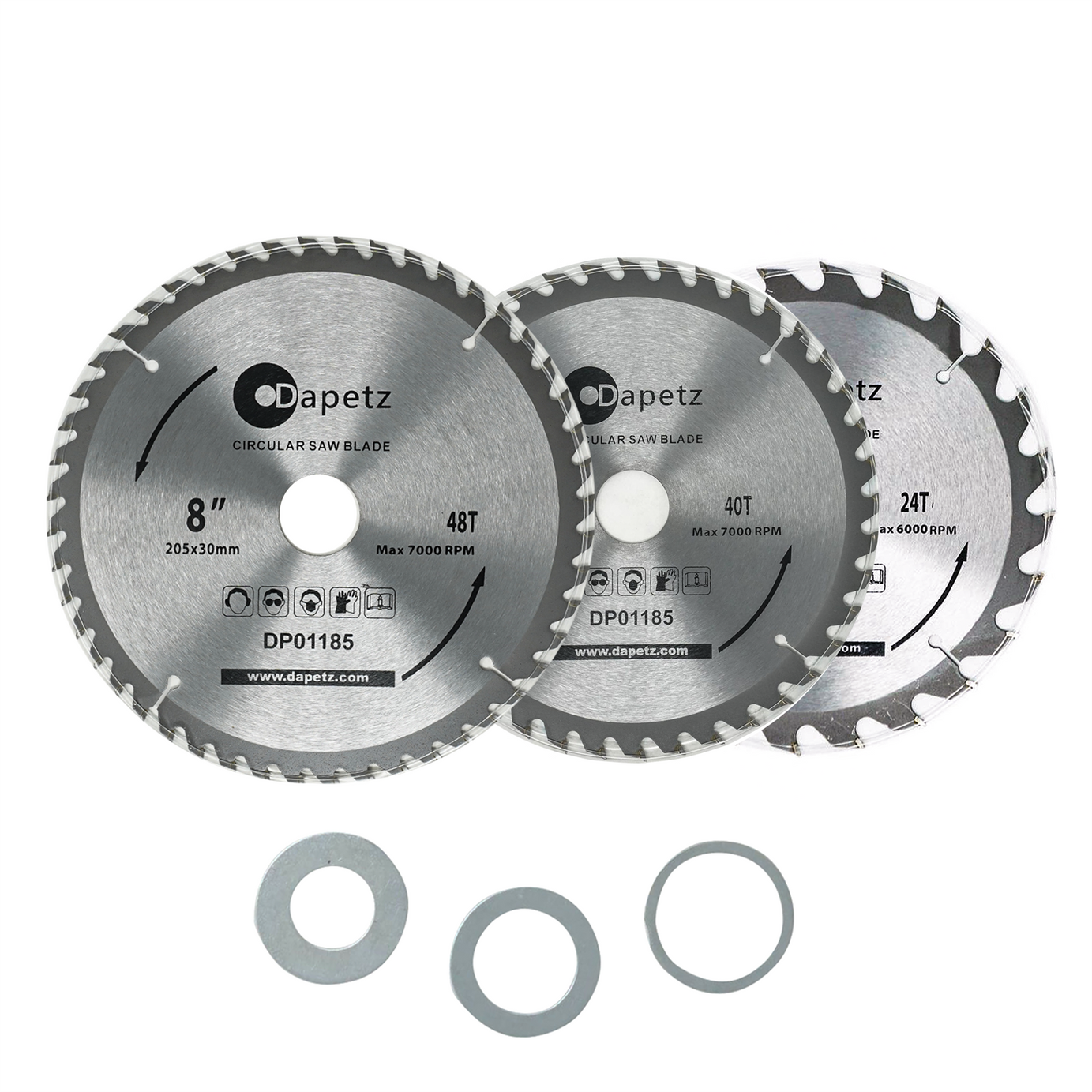 3 X 205mm (8") TCT Circular Saw Blades 30mm Bore 25 20 & 16 mm Reduction Rings