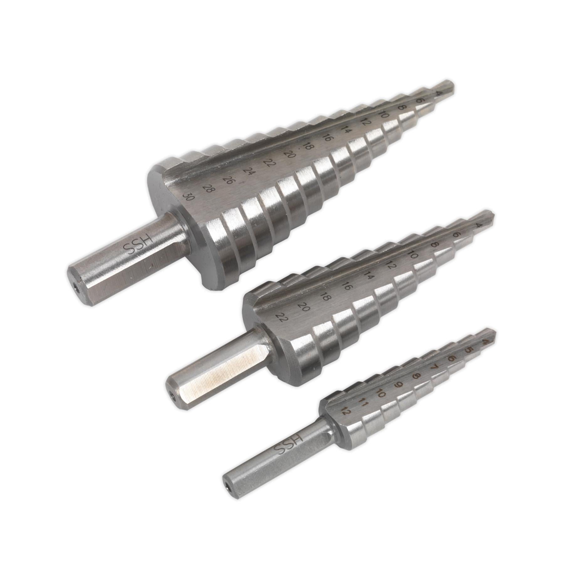 Sealey 3pc Step Drill Bit Set HSS 4341 Double Straight Flute 4-30mm AK4746