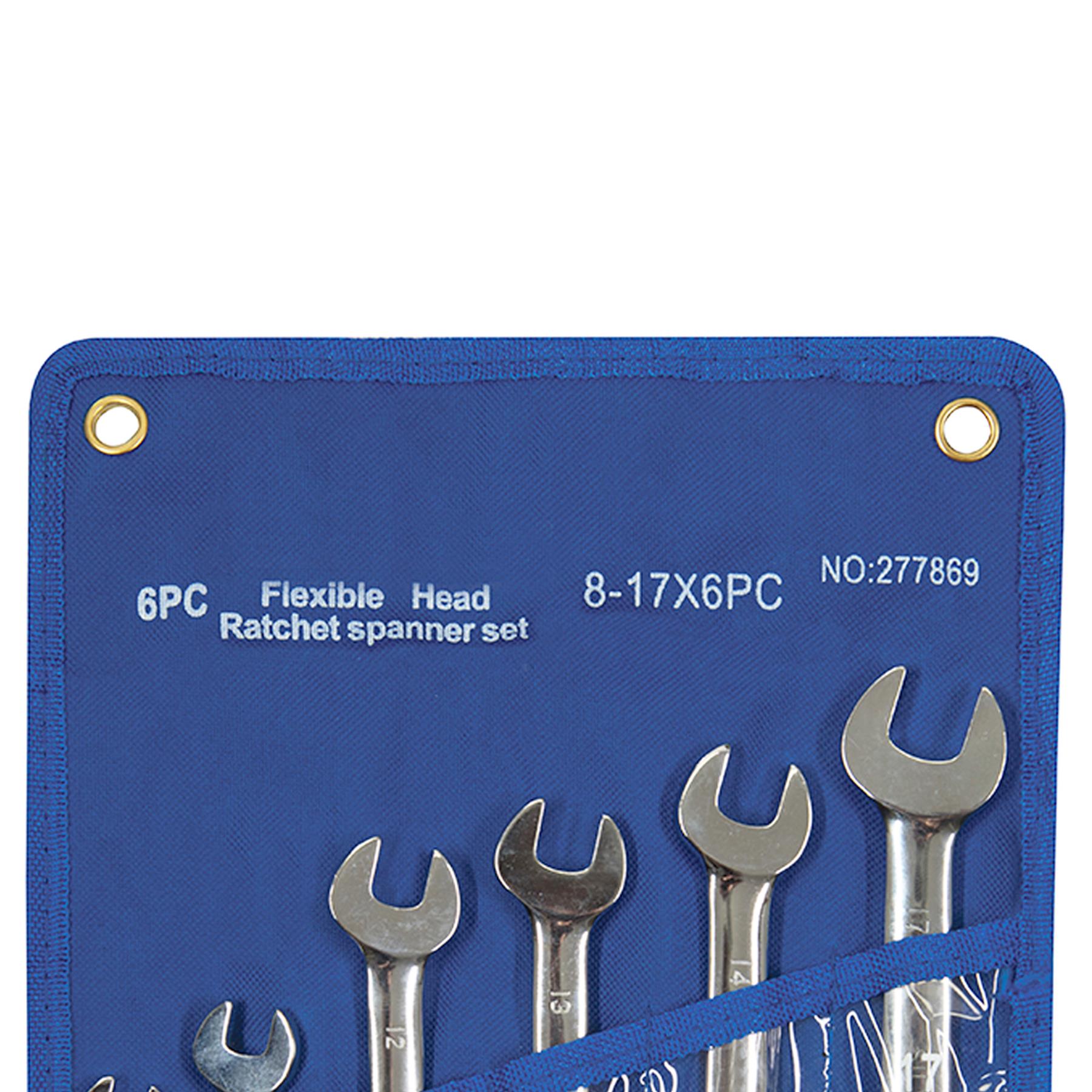 6Pce Flexible Head Ratchet Spanner Set - 8mm - 17mm Polished 40Cr Alloy Steel
