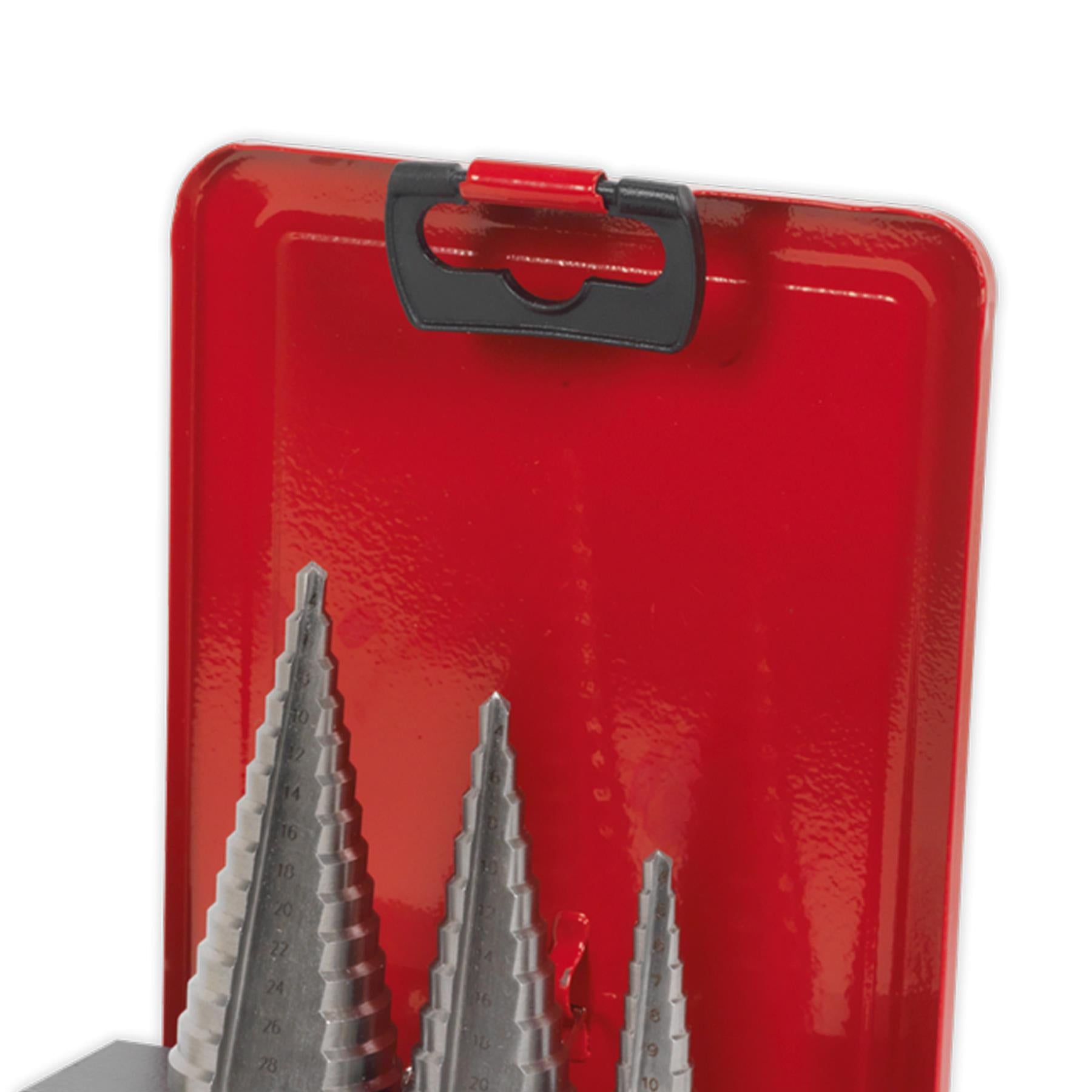 Sealey 3pc M2 Step Drill Bit HSS Drill Set 4-30mm Double Flute Hole Metal Cutter
